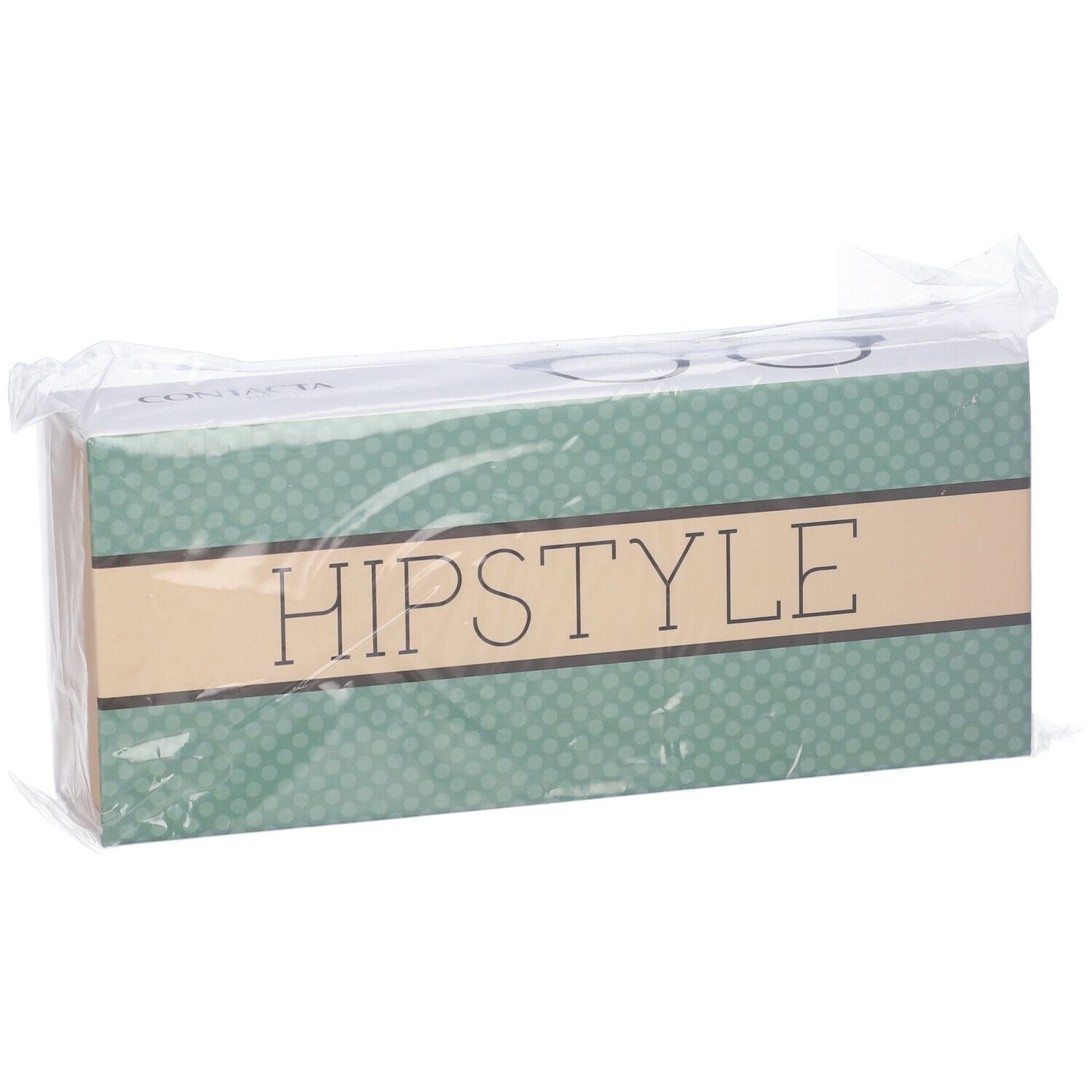 Confezione "HIPSTYLE" in plastica. Design verde a pois, beige. Illustrazione occhiali. Imballaggio trasparente.