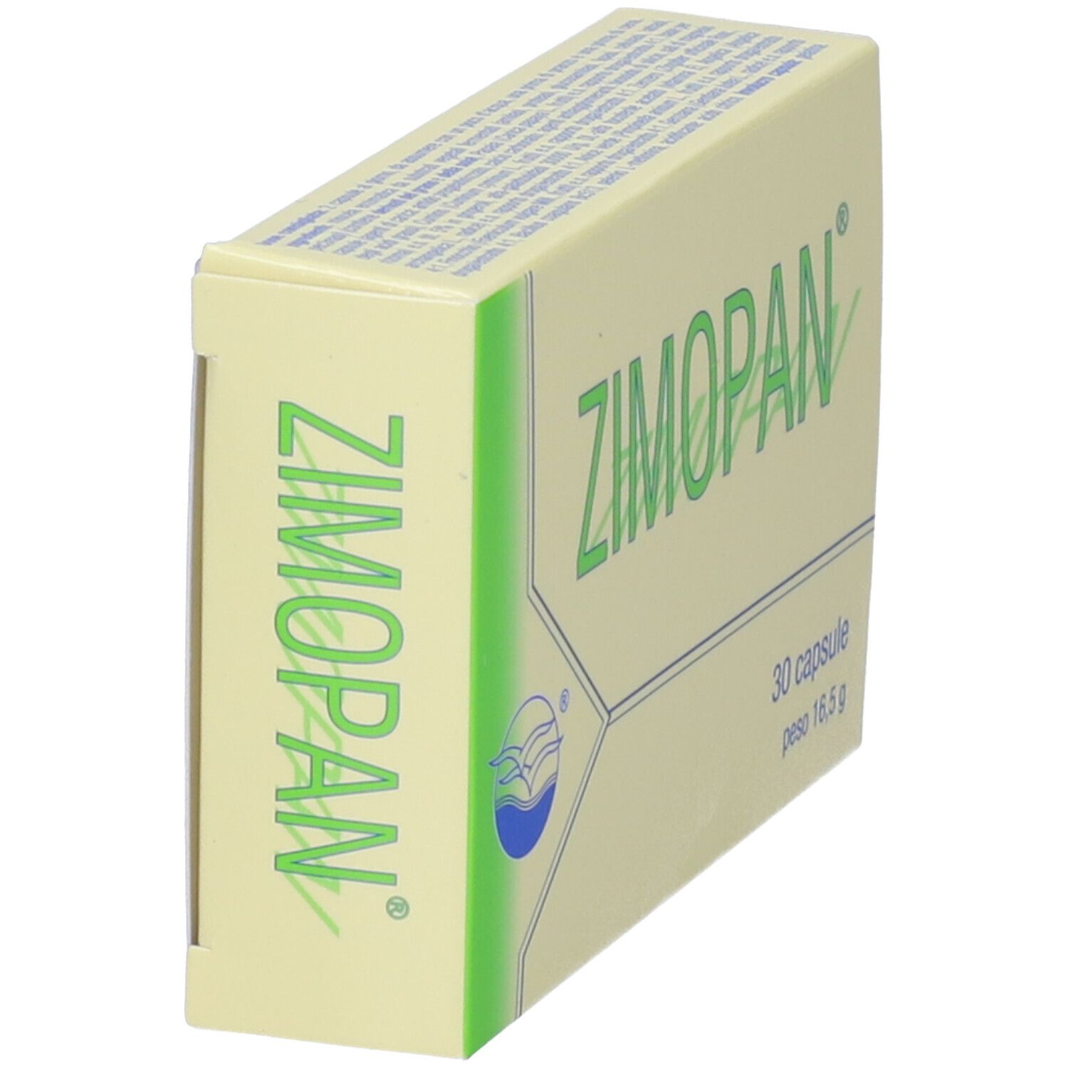Scatola beige con scritta verde ZIMOPAN. Contiene 30 capsule, peso 16,5 g. Logo con onde.
