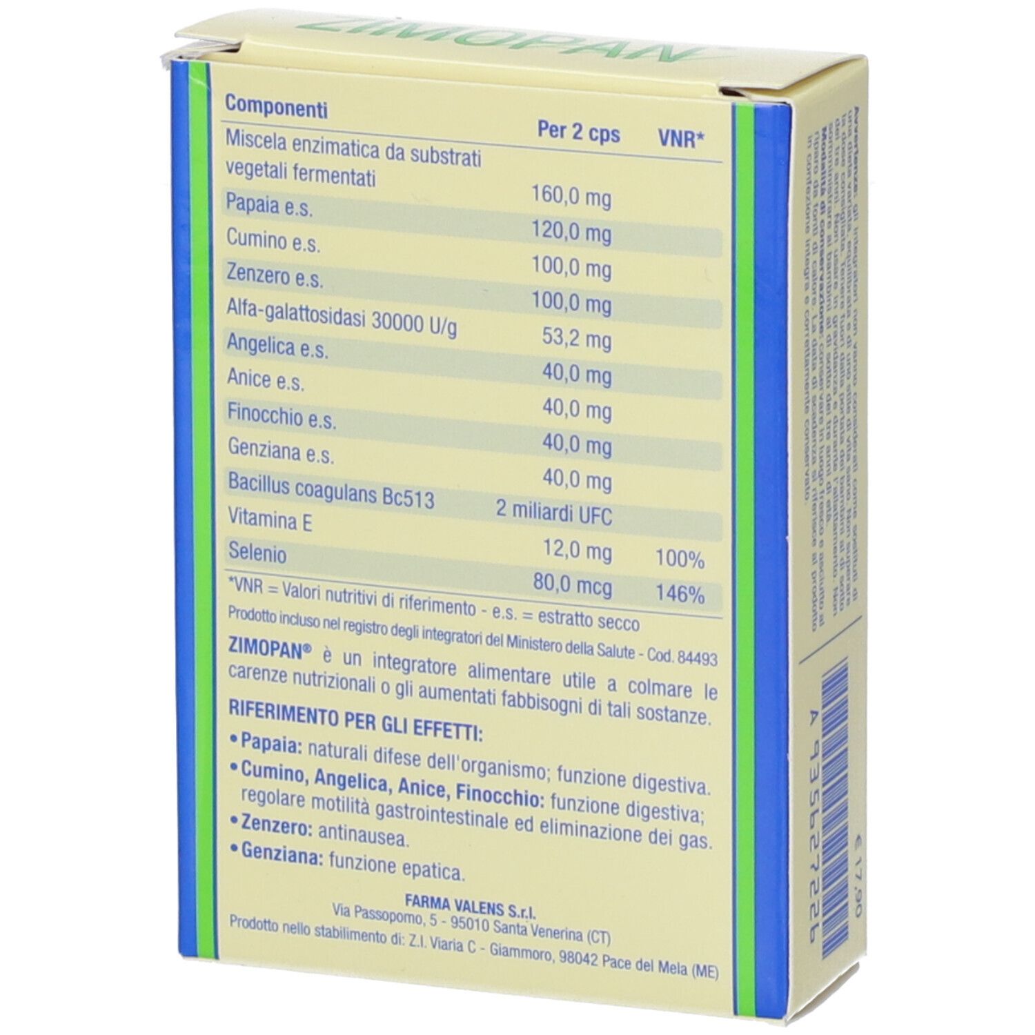 Retro della scatola con elenco ingredienti e informazioni nutrizionali. Testo in italiano.