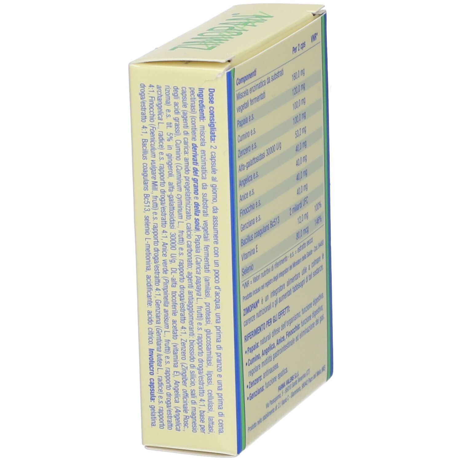 Vista laterale della scatola con elenco ingredienti e informazioni nutrizionali. Testo in italiano.