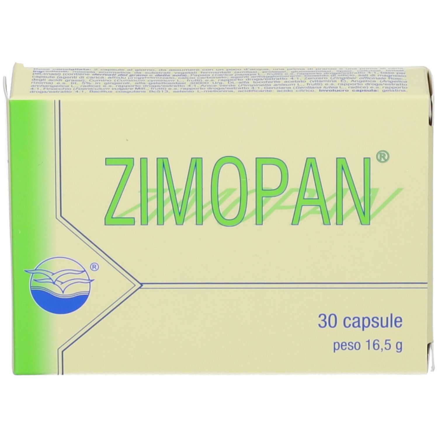 Scatola beige con scritta verde ZIMOPAN. Contiene 30 capsule, peso 16,5 g. Logo con onde.