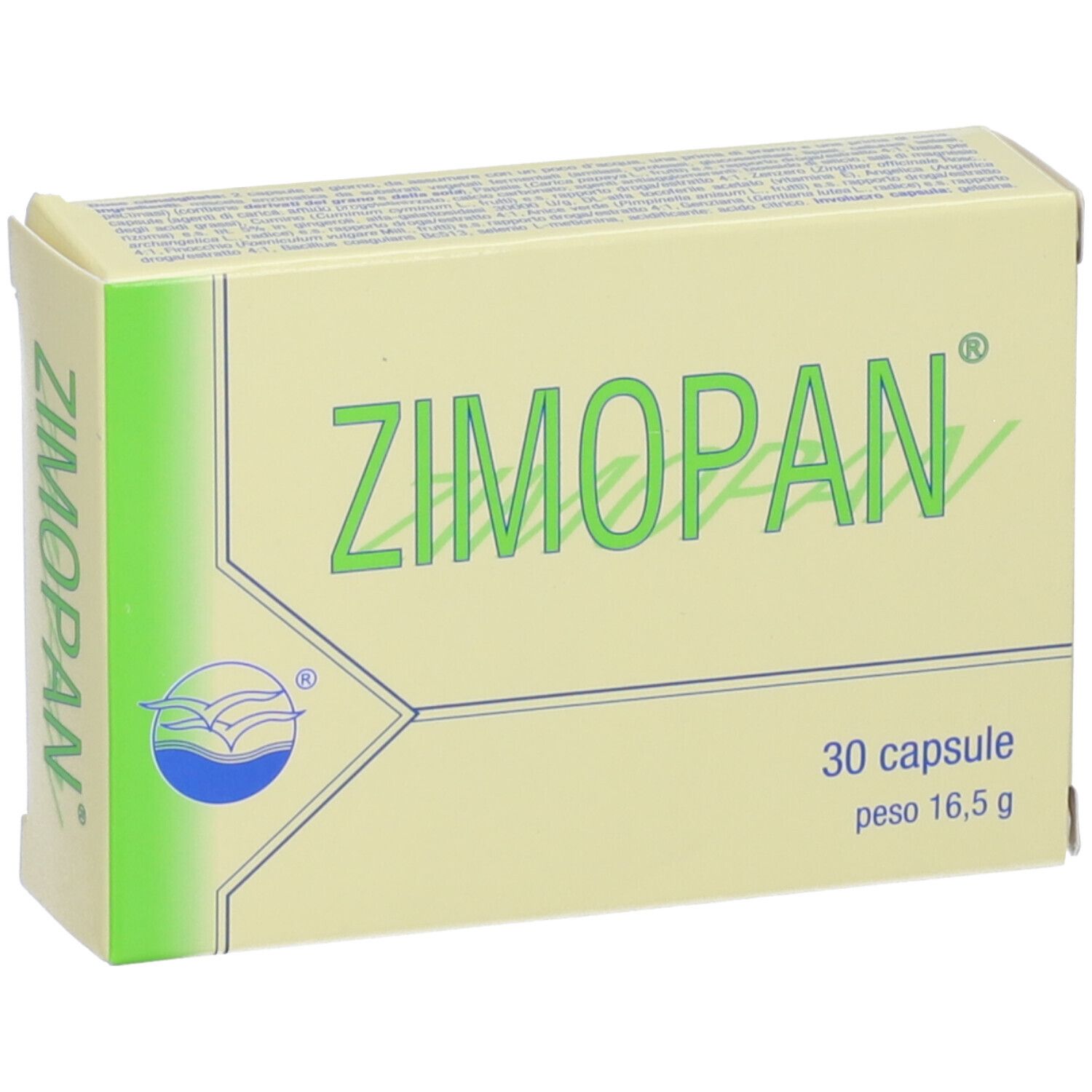 Scatola beige con scritta verde ZIMOPAN. Contiene 30 capsule, peso 16,5 g. Logo con onde.