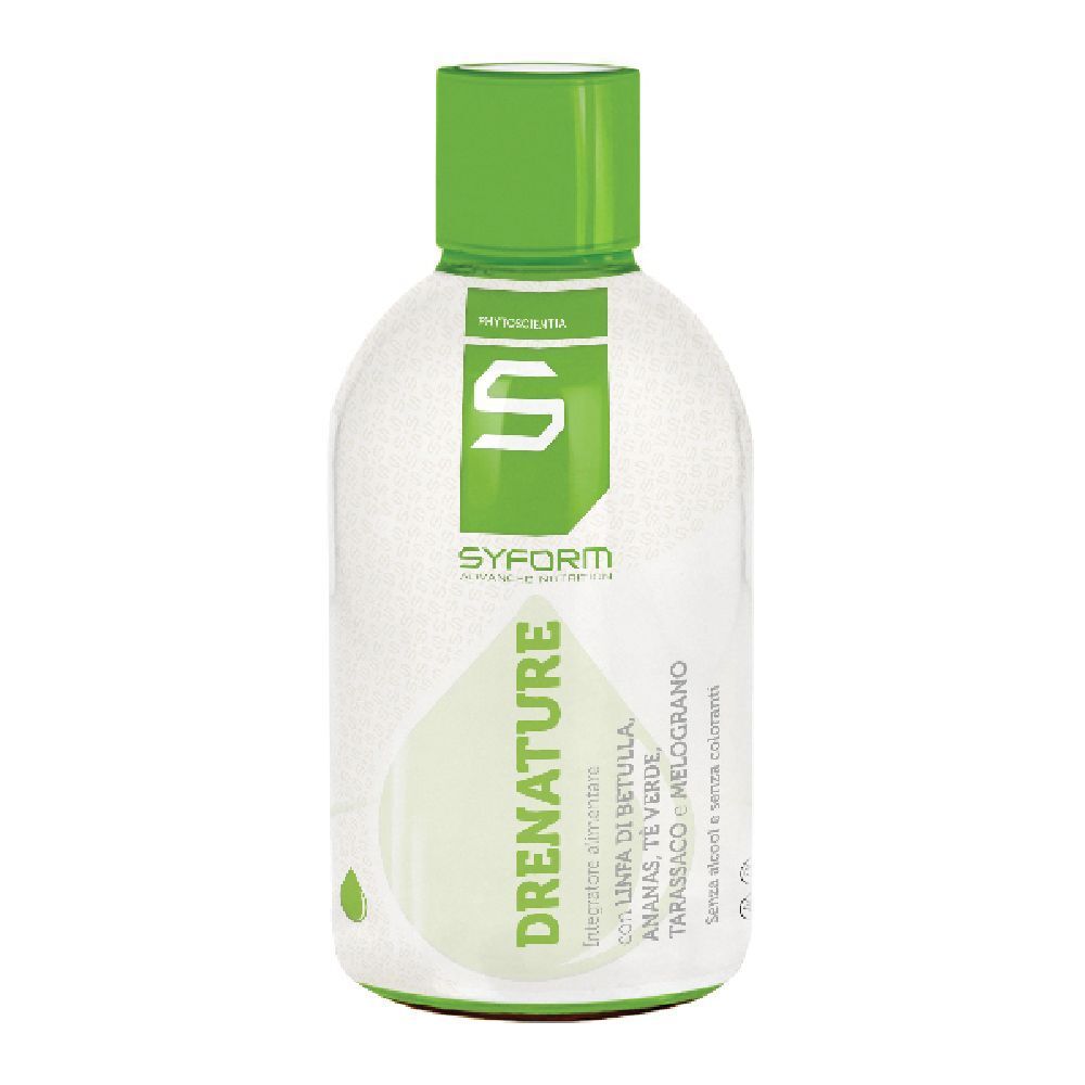 Bottiglia trasparente con tappo verde. Scritta 'SYFORM' e 'Drenature'.