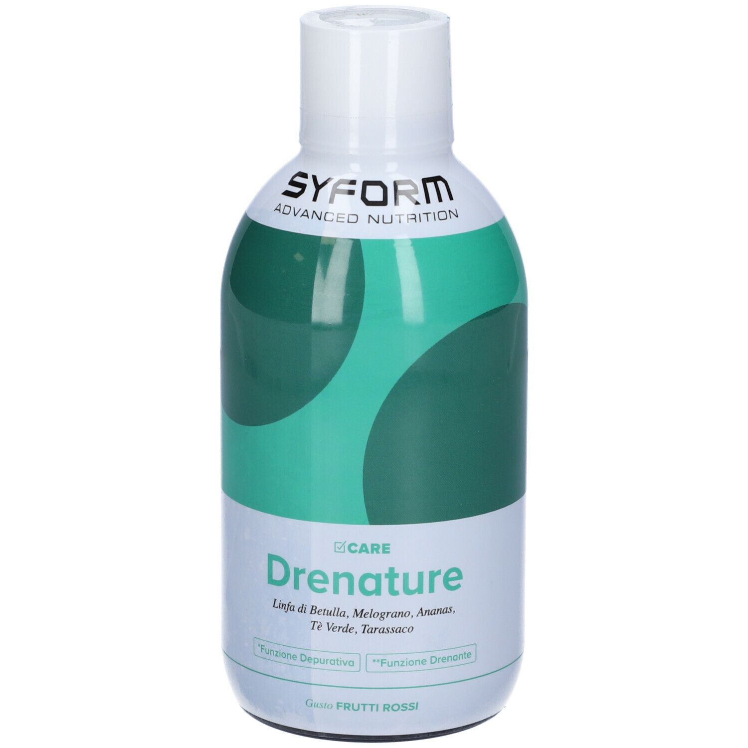 Bottiglia bianca con design verde. Scritta 'SYFORM' e 'Drenature'.
