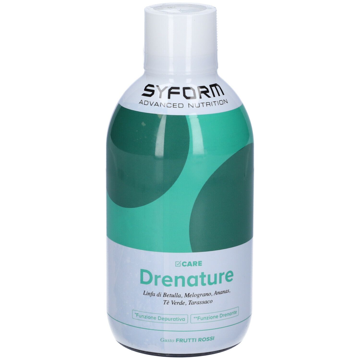 Bottiglia bianca con design verde. Scritta 'SYFORM' e 'Drenature'.