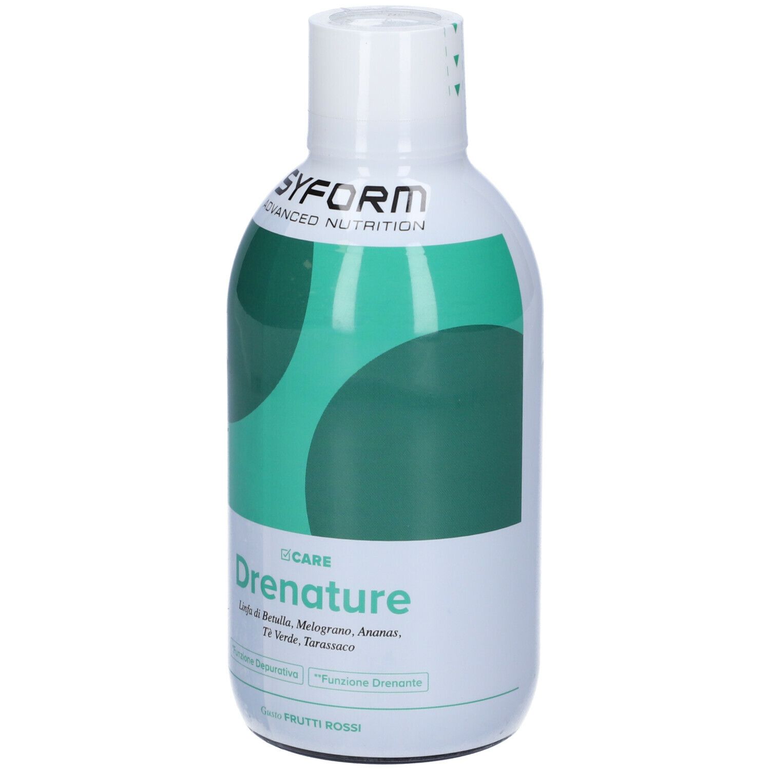 Bottiglia bianca con design verde. Scritta 'SYFORM' e 'Drenature'.