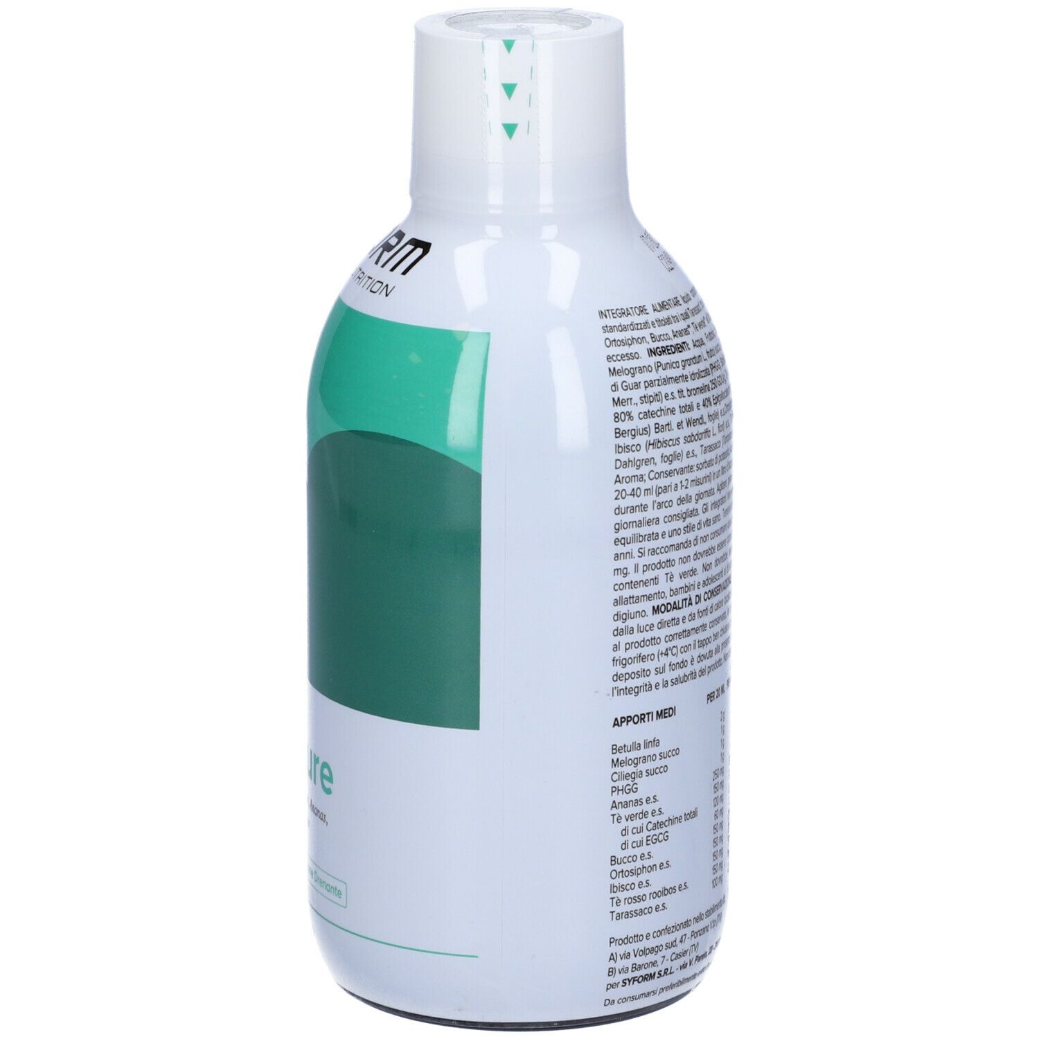Bottiglia bianca con design verde. Retro con testo e informazioni nutrizionali.