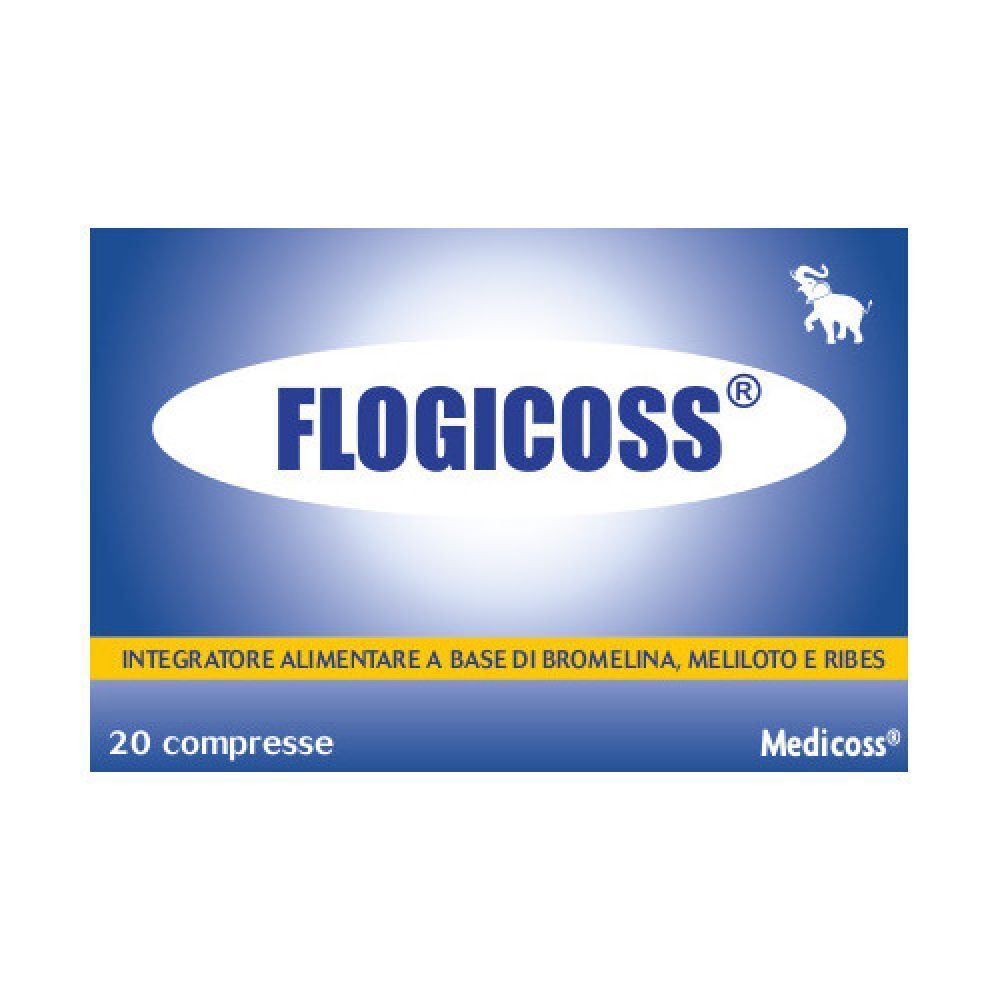 Confezione di Flogicoss, con scritta bianca su sfondo blu. Contiene 20 compresse. Marchio Medicoss.