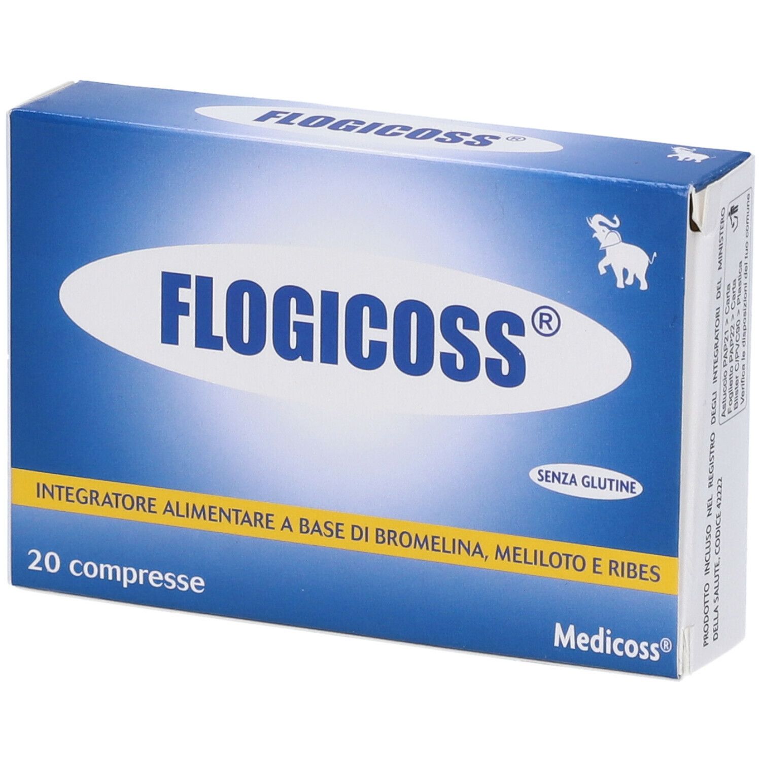 Scatola di compresse Flogicoss. Confezione blu con scritta bianca. Contiene 20 compresse. Senza glutine.