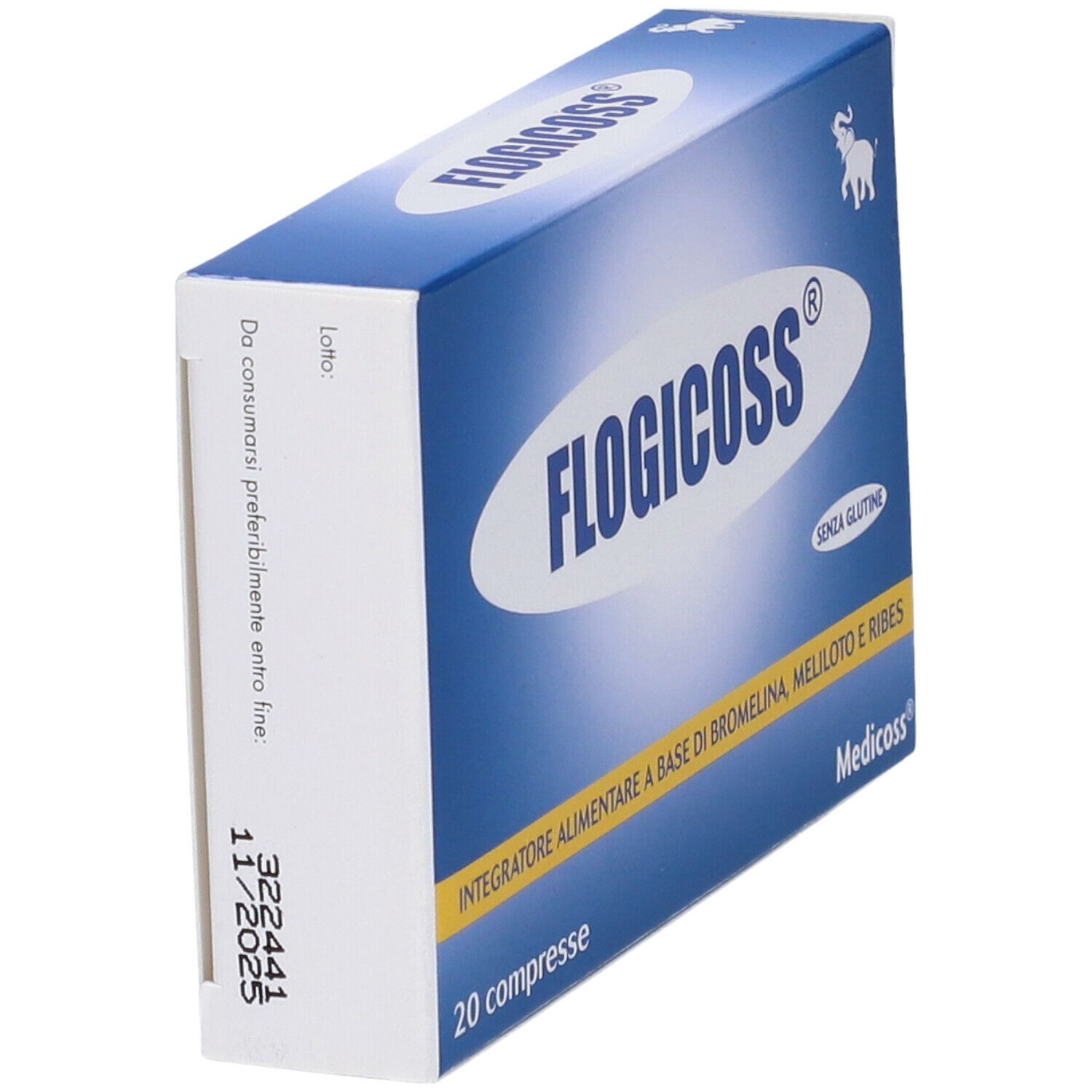 Scatola di compresse Flogicoss. Confezione blu con scritta bianca. Contiene 20 compresse. Senza glutine.