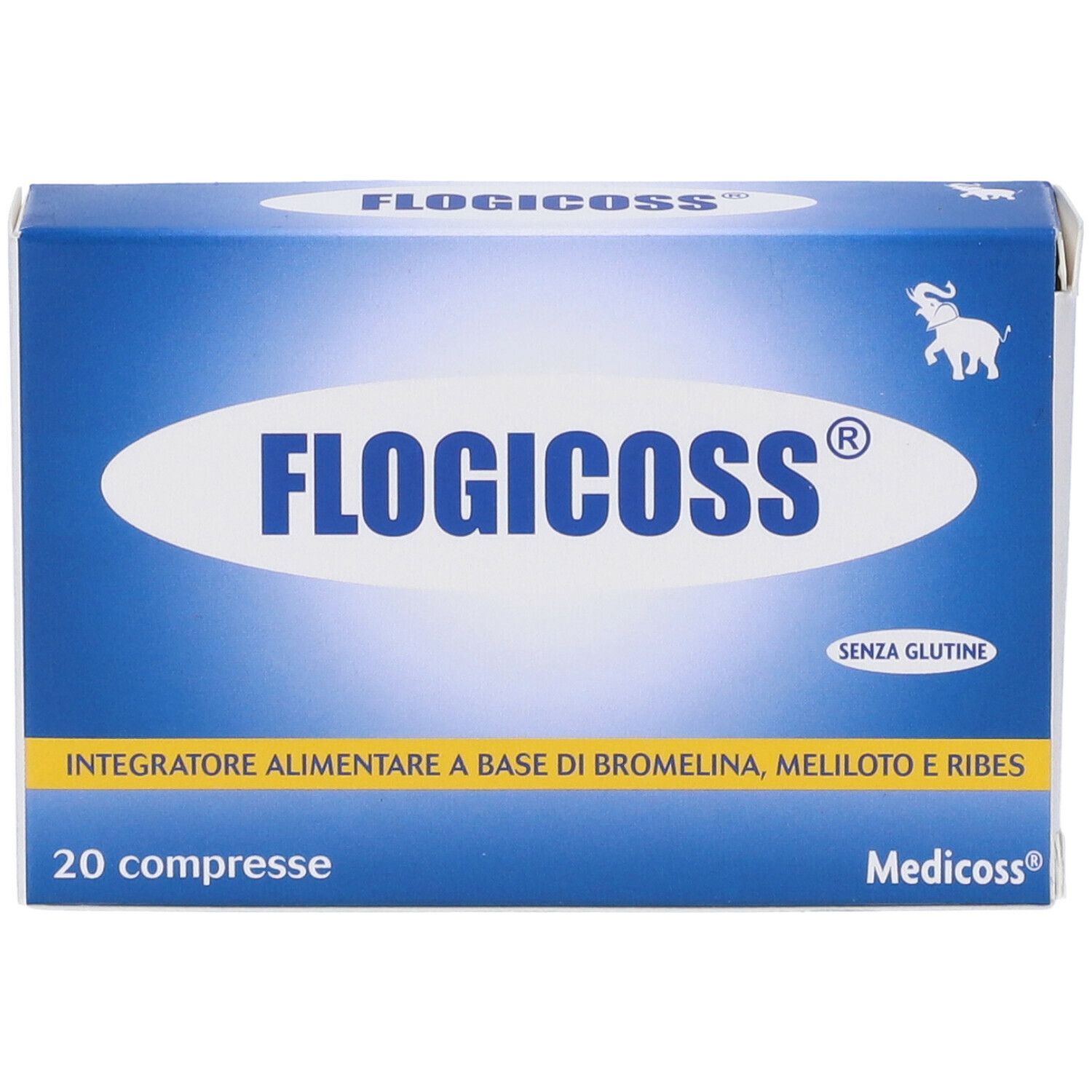 Scatola di compresse Flogicoss. Confezione blu con scritta bianca. Contiene 20 compresse. Senza glutine.