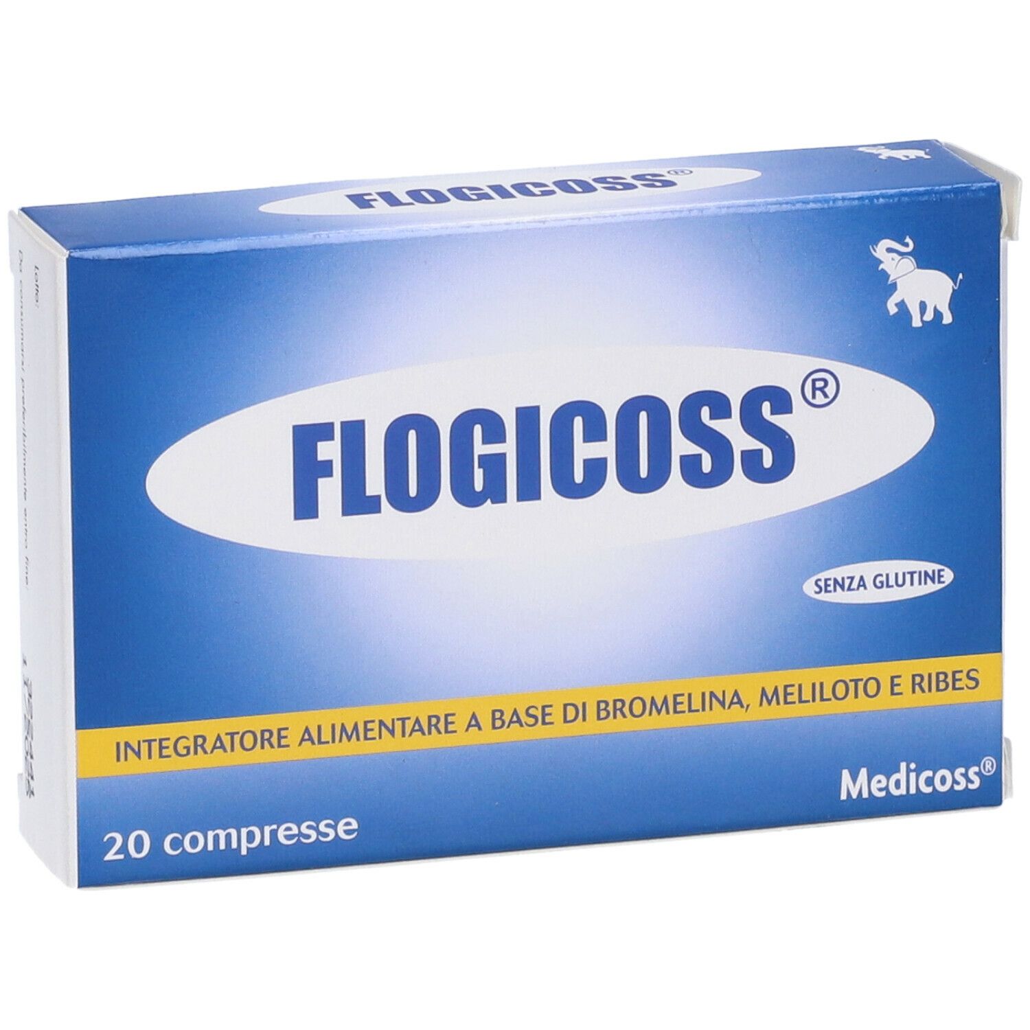 Scatola di compresse Flogicoss. Confezione blu con scritta bianca. Contiene 20 compresse. Senza glutine.