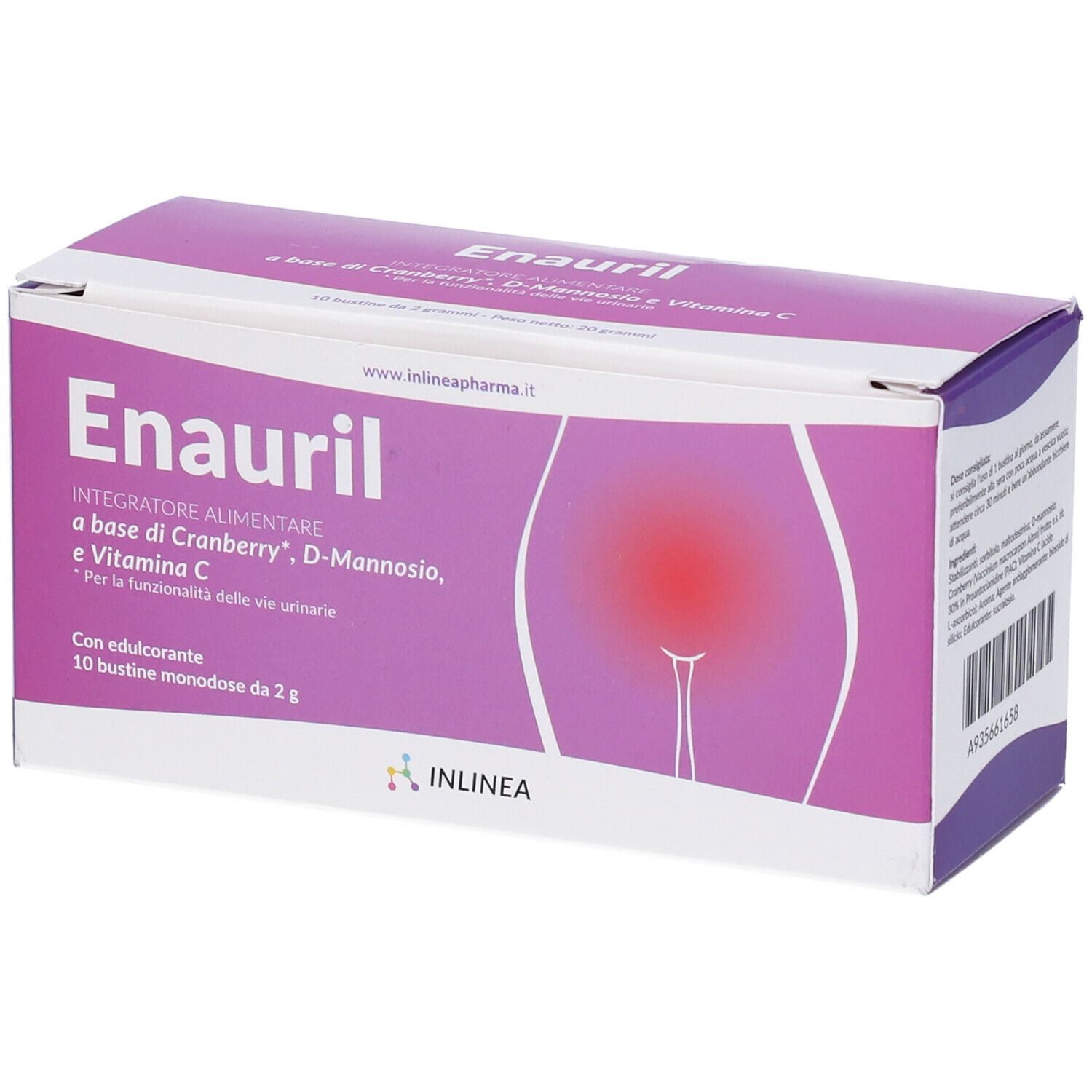 Scatola viola con logo "Enauril". 10 bustine. Immagine di un'area rossa. Scritta: Integratore Alimentare.