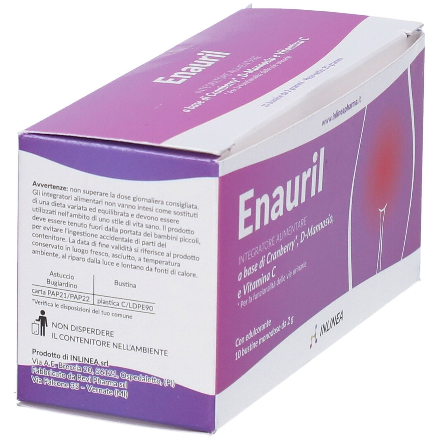 Scatola viola con logo "Enauril". 10 bustine. Scritta: Integratore Alimentare. Retro con testo e ingredienti.