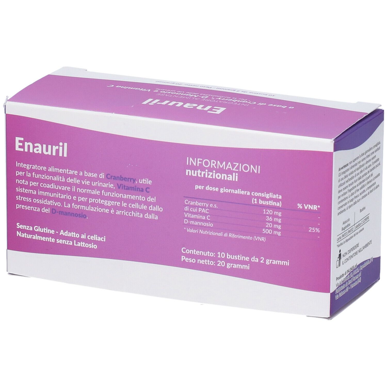Scatola viola con logo "Enauril". 10 bustine. Scritta: Integratore Alimentare. Retro con informazioni nutrizionali.