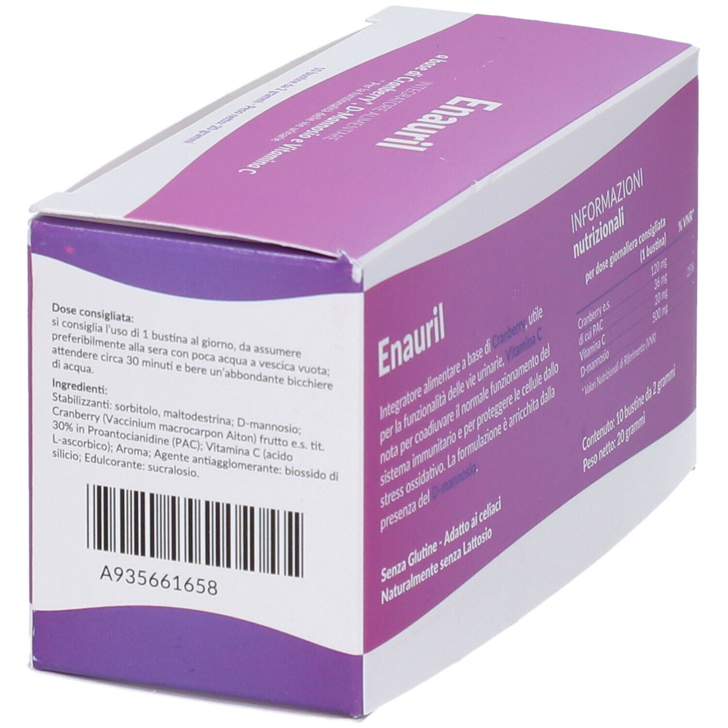 Scatola viola con logo "Enauril". 10 bustine. Scritta: Integratore Alimentare. Retro con ingredienti e dosaggio.