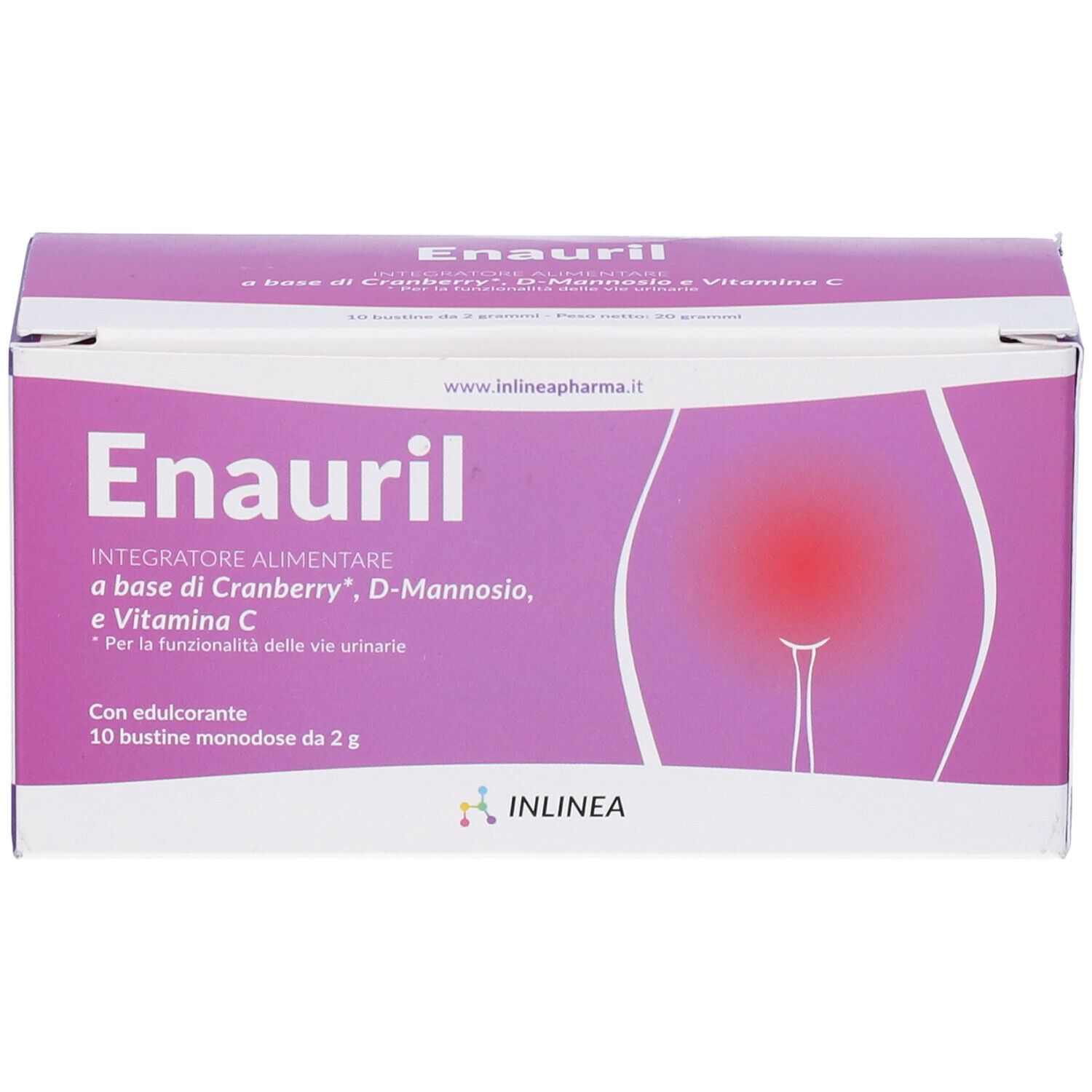 Scatola viola con logo "Enauril". 10 bustine. Immagine di un'area rossa. Scritta: Integratore Alimentare.