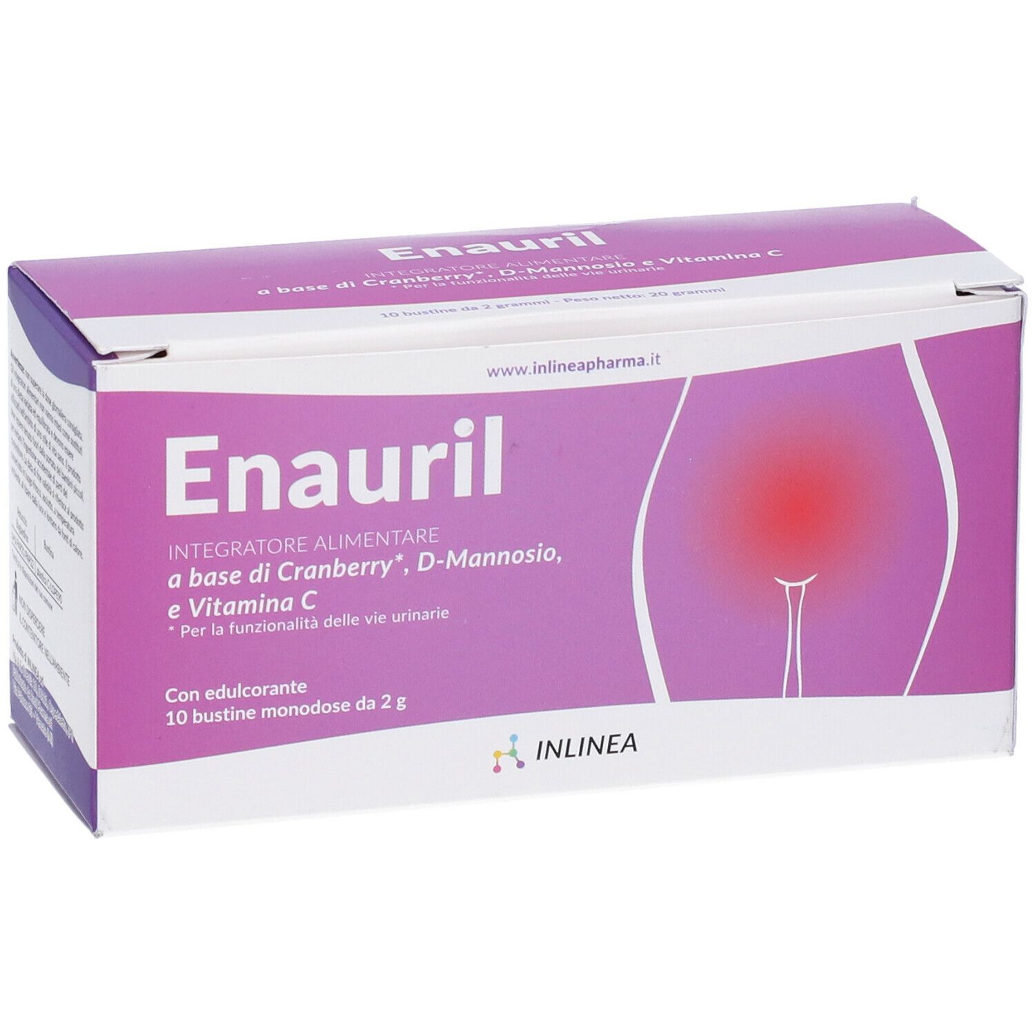 Scatola viola con logo "Enauril". 10 bustine. Immagine di un'area rossa. Scritta: Integratore Alimentare.