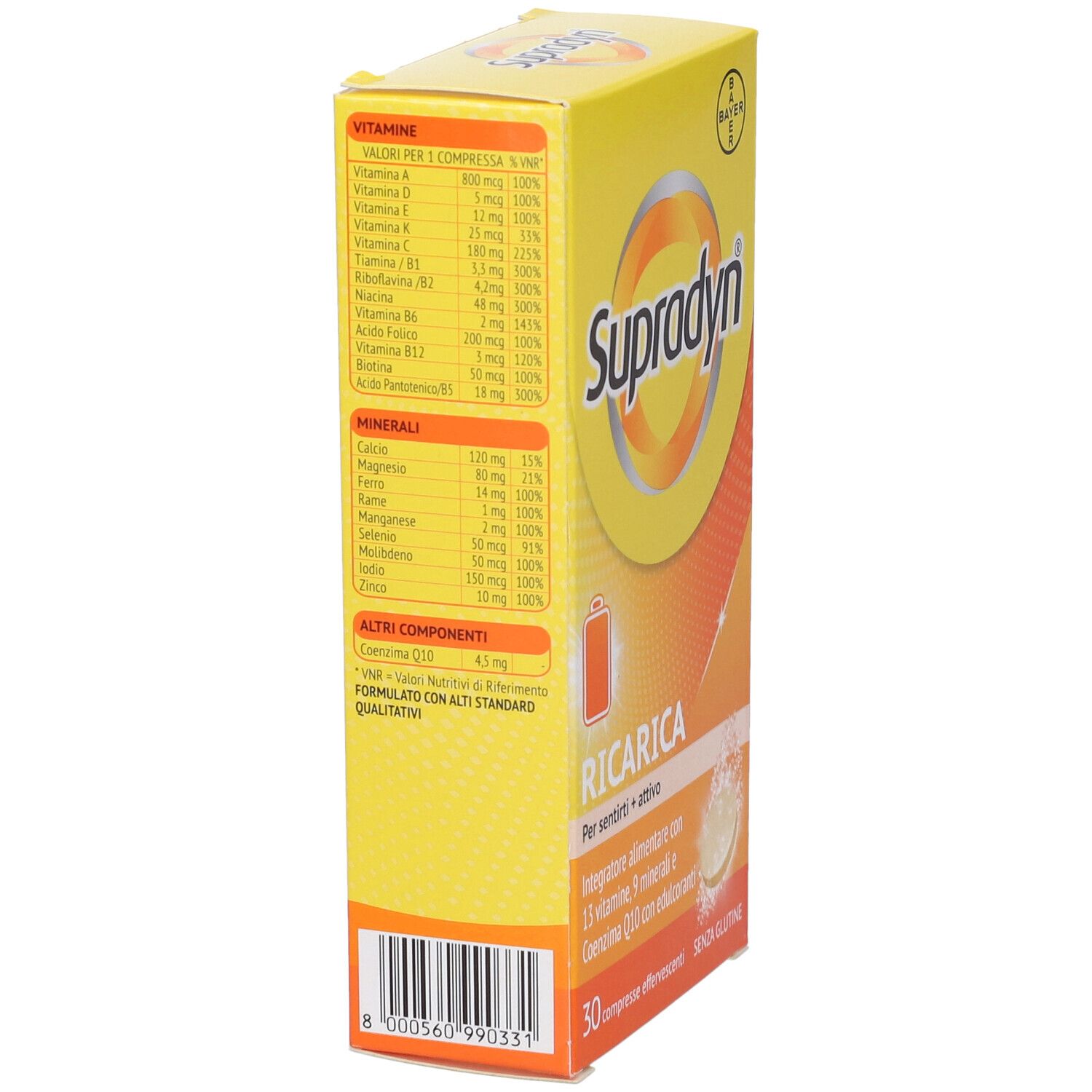 Scatola gialla Supradyn Recharge. Informazioni nutrizionali, ingredienti. Logo Bayer.