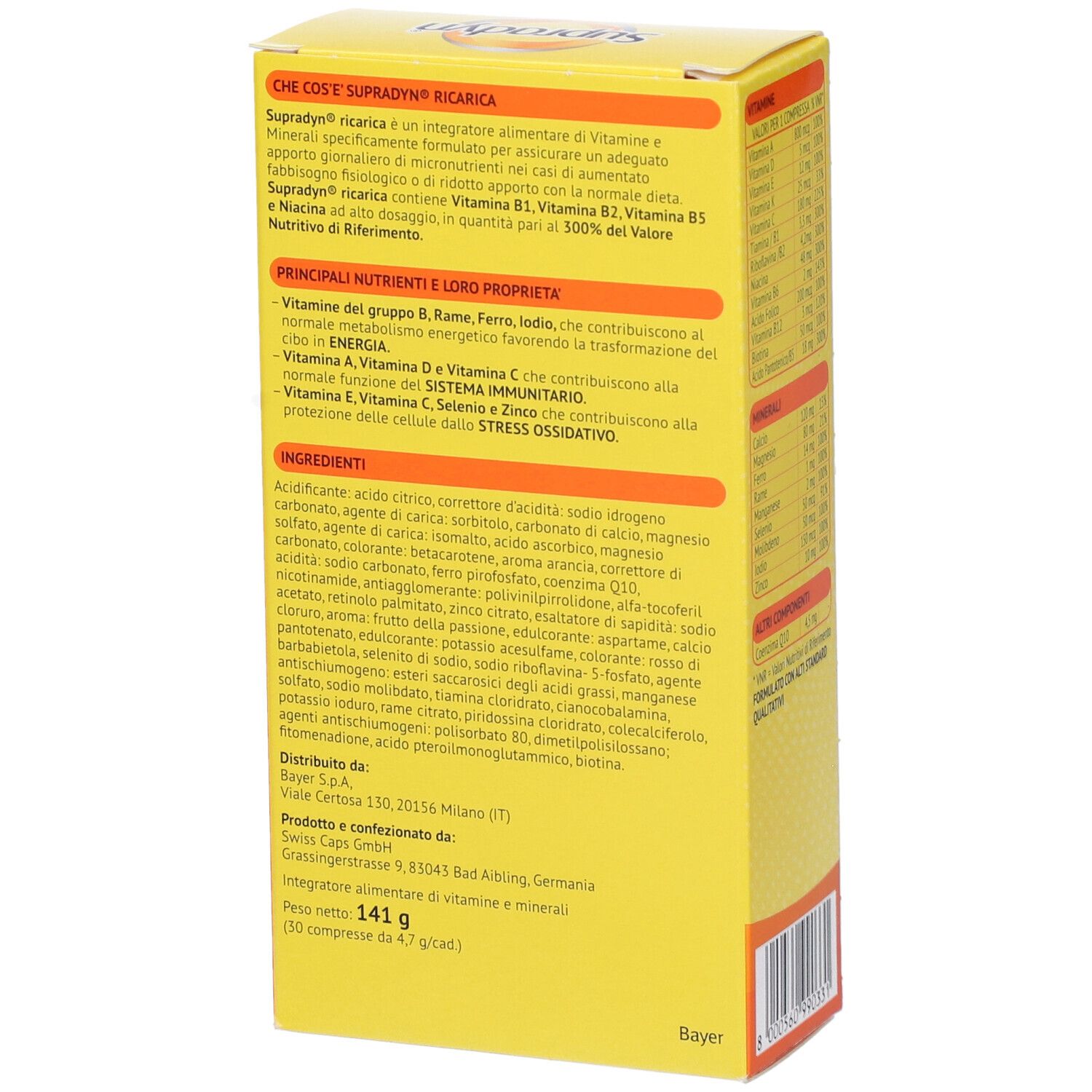 Scatola gialla Supradyn Recharge. Informazioni sull'uso e ingredienti. Logo Bayer.