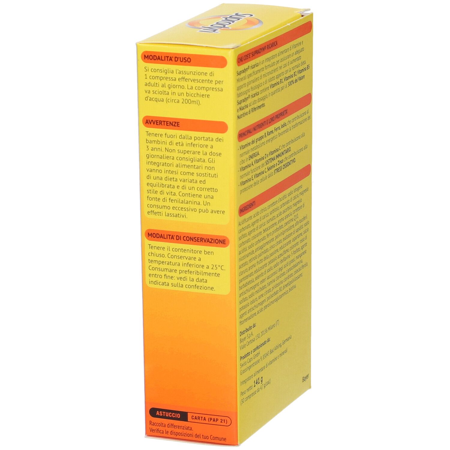 Scatola gialla Supradyn Recharge. Informazioni sull'uso e conservazione. Logo Bayer.