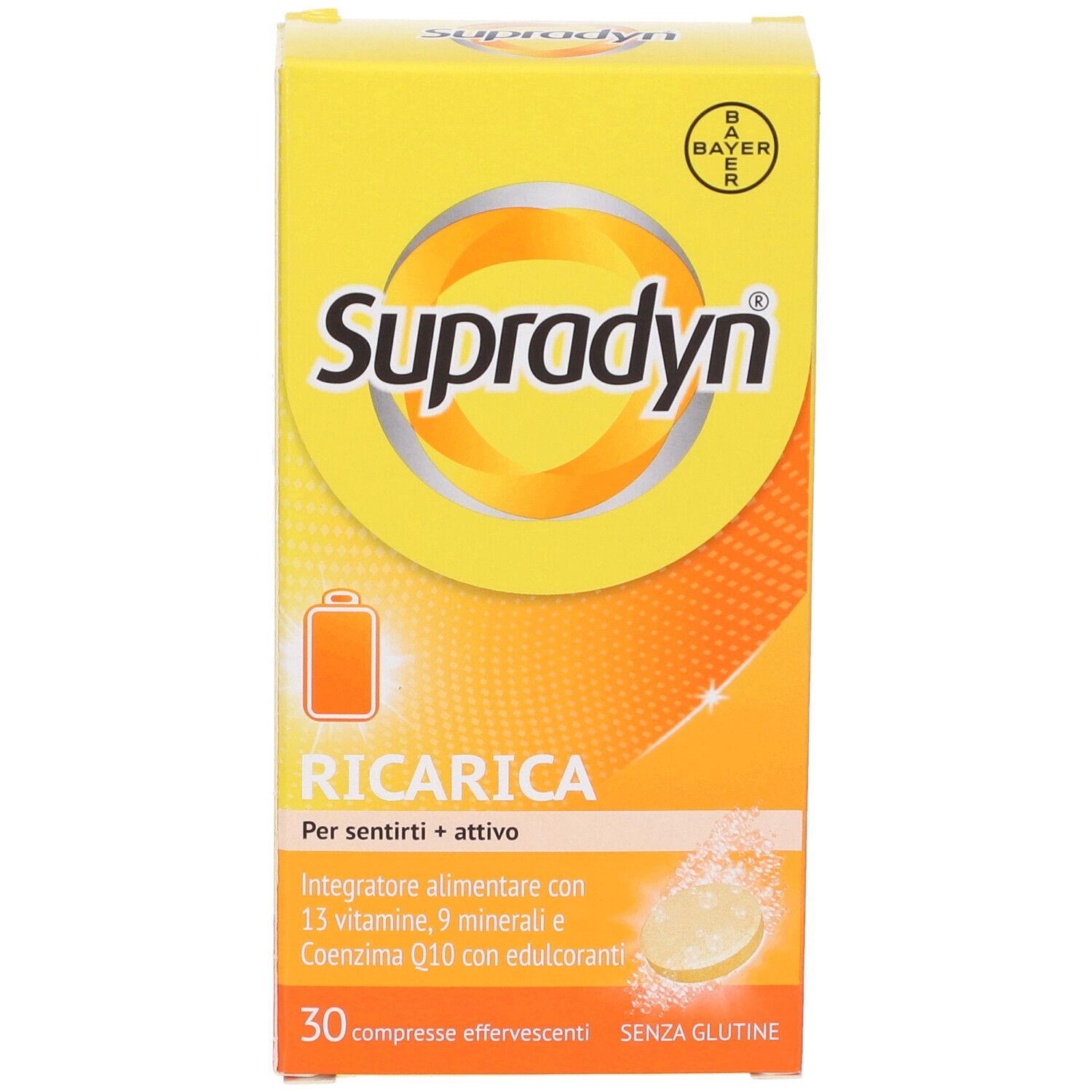 Scatola gialla Supradyn Recharge. 30 compresse effervescenti. Logo Bayer.