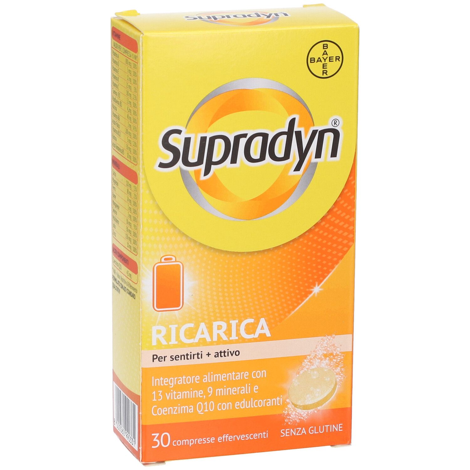 Scatola gialla Supradyn Recharge. 30 compresse effervescenti. Logo Bayer.