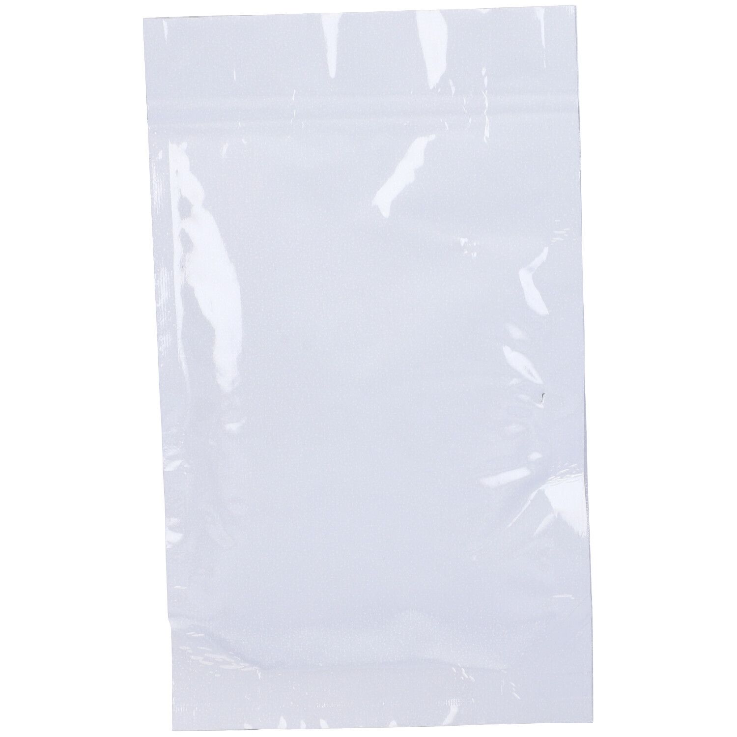 Confezione rettangolare trasparente con chiusura a zip. Contenuto bianco, leggermente sgualcito.