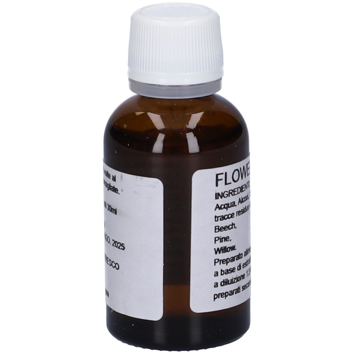Flacone di vetro marrone con tappo bianco. Etichetta con nome del prodotto e ingredienti.
