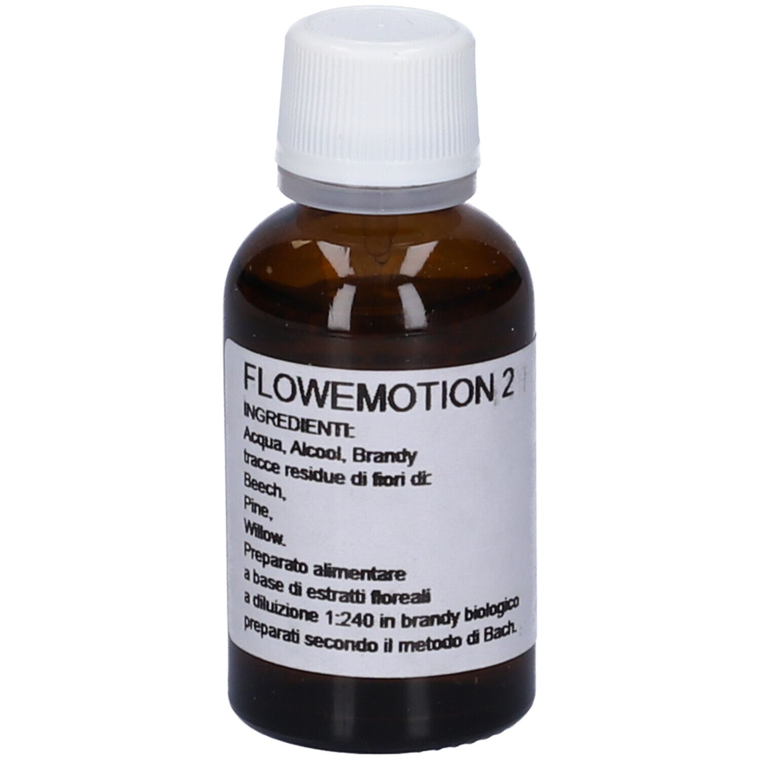 Flacone di vetro marrone con tappo bianco. Etichetta con nome del prodotto e ingredienti.