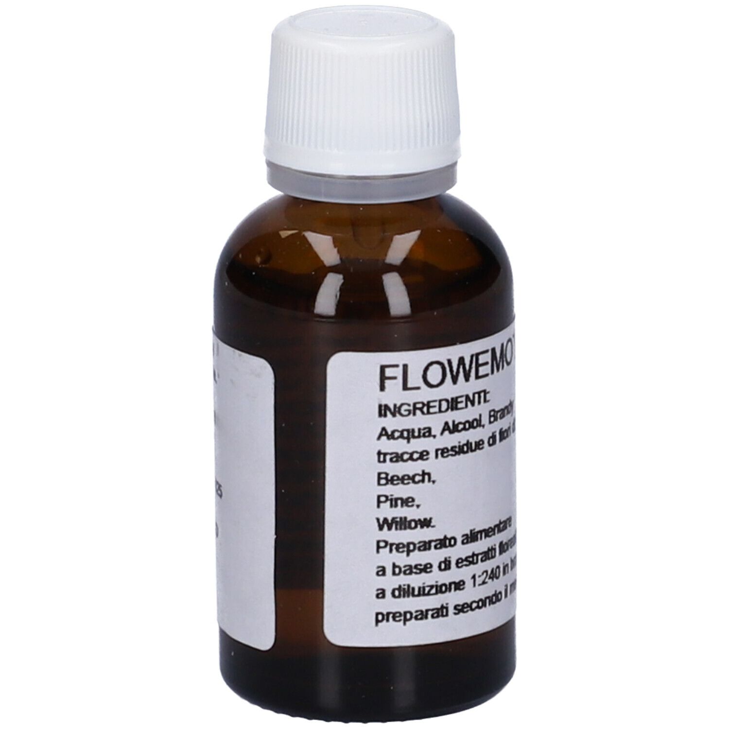 Flacone di vetro marrone con tappo bianco. Etichetta con nome del prodotto e ingredienti.