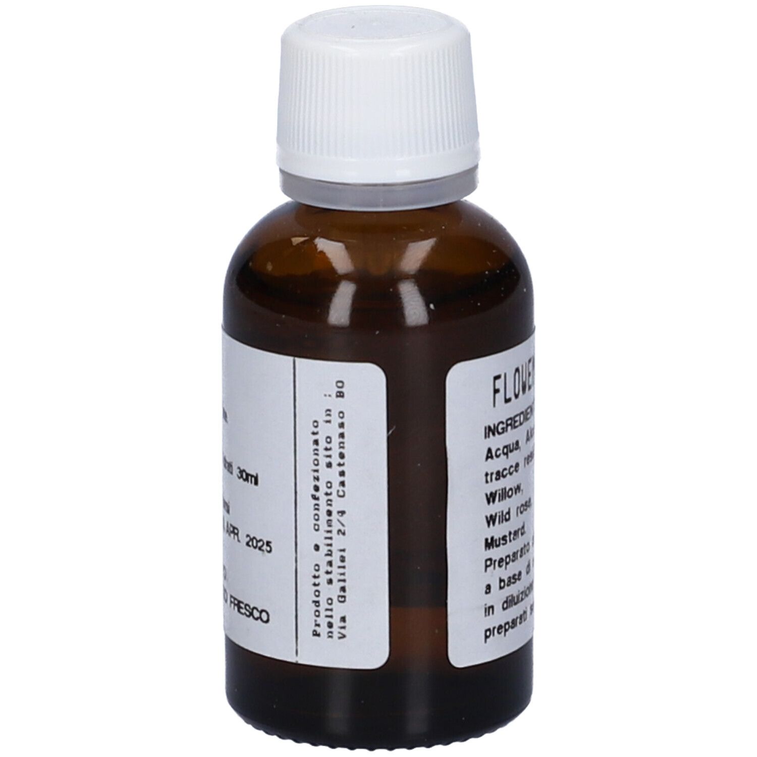 Flacone di vetro marrone con tappo bianco ed etichetta. Nome del prodotto Flowemotion 3. Ingredienti e data di scadenza visibili.