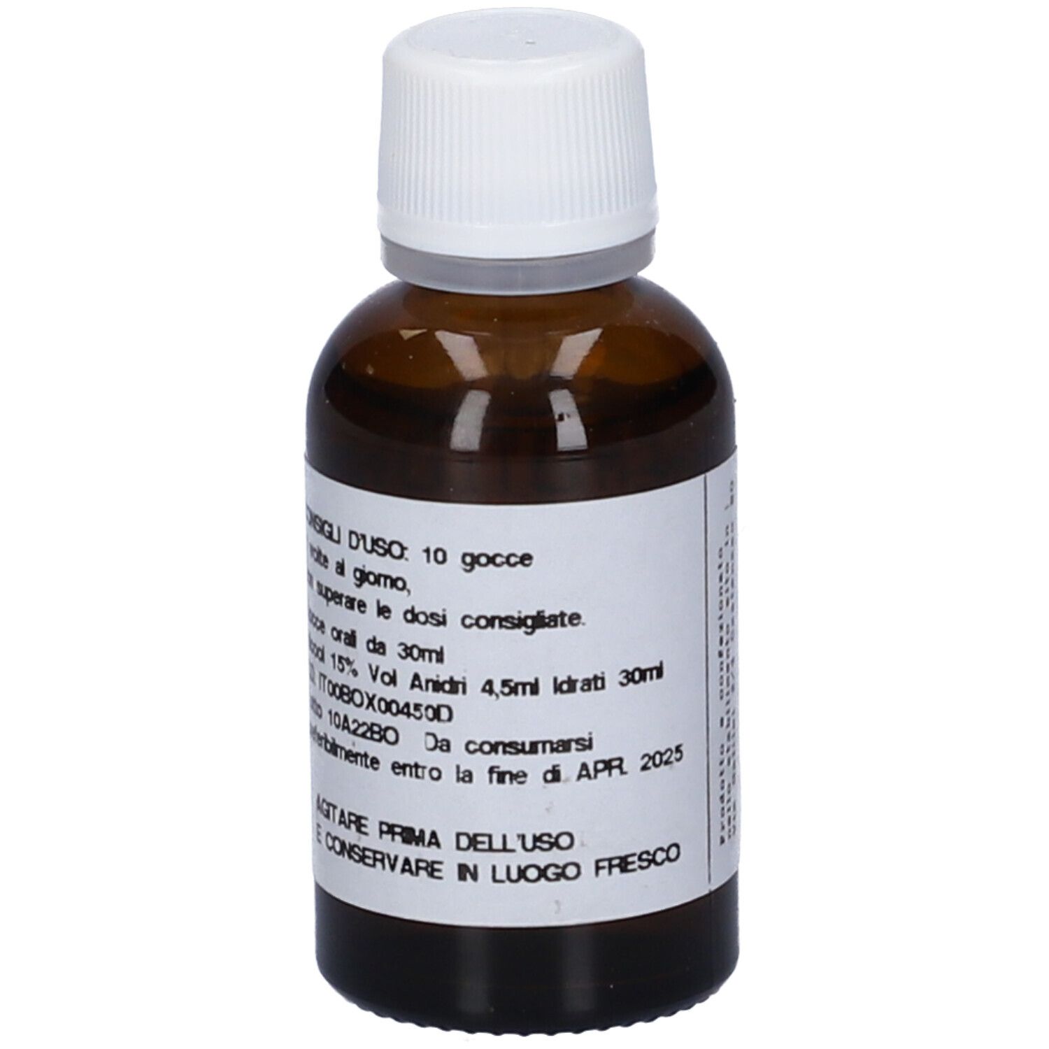 Flacone di vetro marrone con tappo bianco ed etichetta. Flowemotion 3. Ingredienti, dosaggio e data di scadenza visibili.
