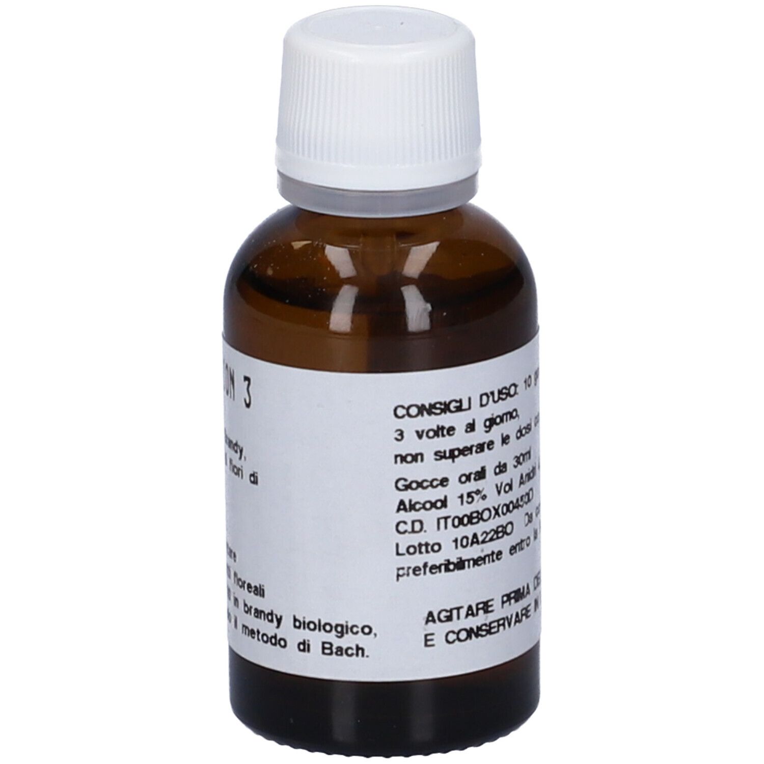 Flacone di vetro marrone con tappo bianco ed etichetta. Flowemotion 3. Ingredienti, dosaggio e data di scadenza visibili.