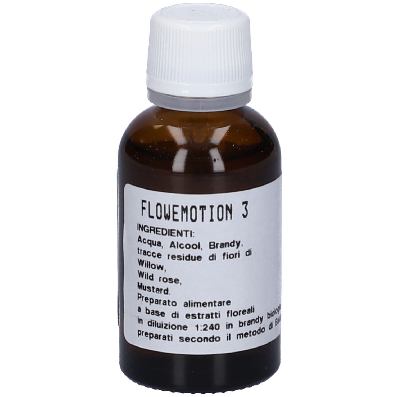 Flacone di vetro marrone con tappo bianco ed etichetta. Flowemotion 3. Ingredienti e data di scadenza visibili.