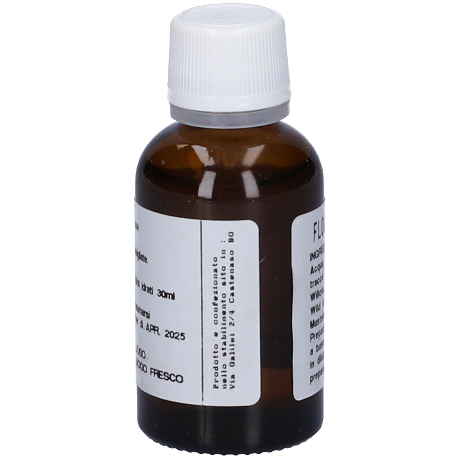 Flacone di vetro marrone con tappo bianco ed etichetta. Flowemotion 3. Ingredienti e data di scadenza visibili.