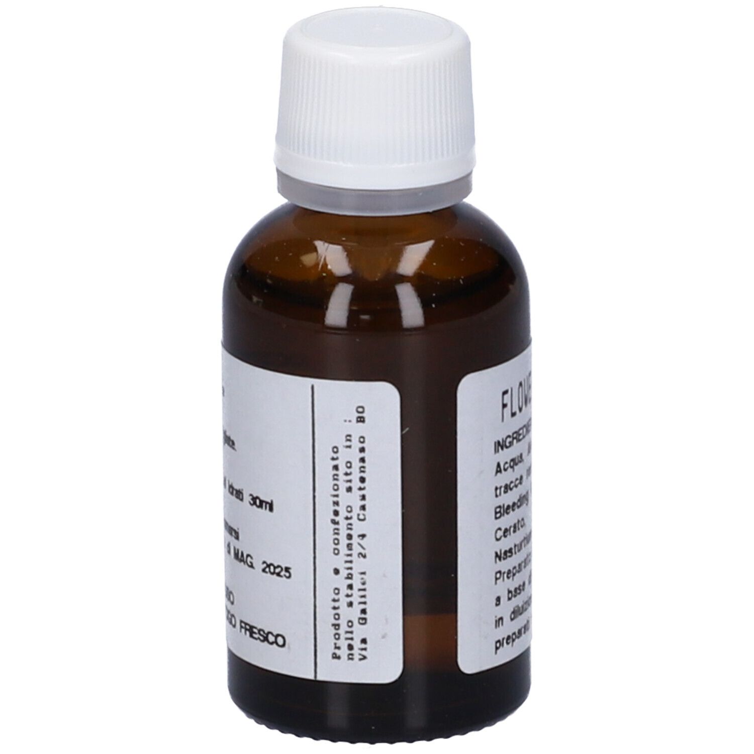 Flacone di vetro marrone con tappo bianco. Etichetta con informazioni sul prodotto. Testo in italiano.