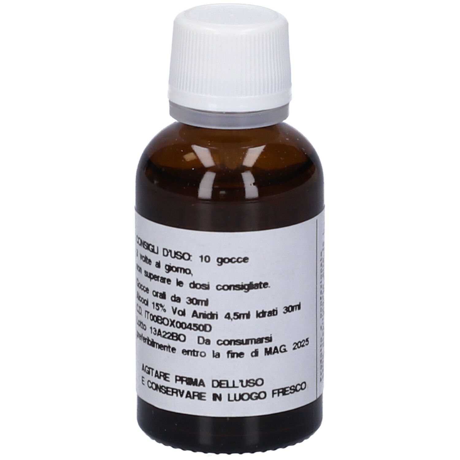 Flacone di vetro marrone con tappo bianco. Etichetta con istruzioni per il dosaggio. Testo in italiano.