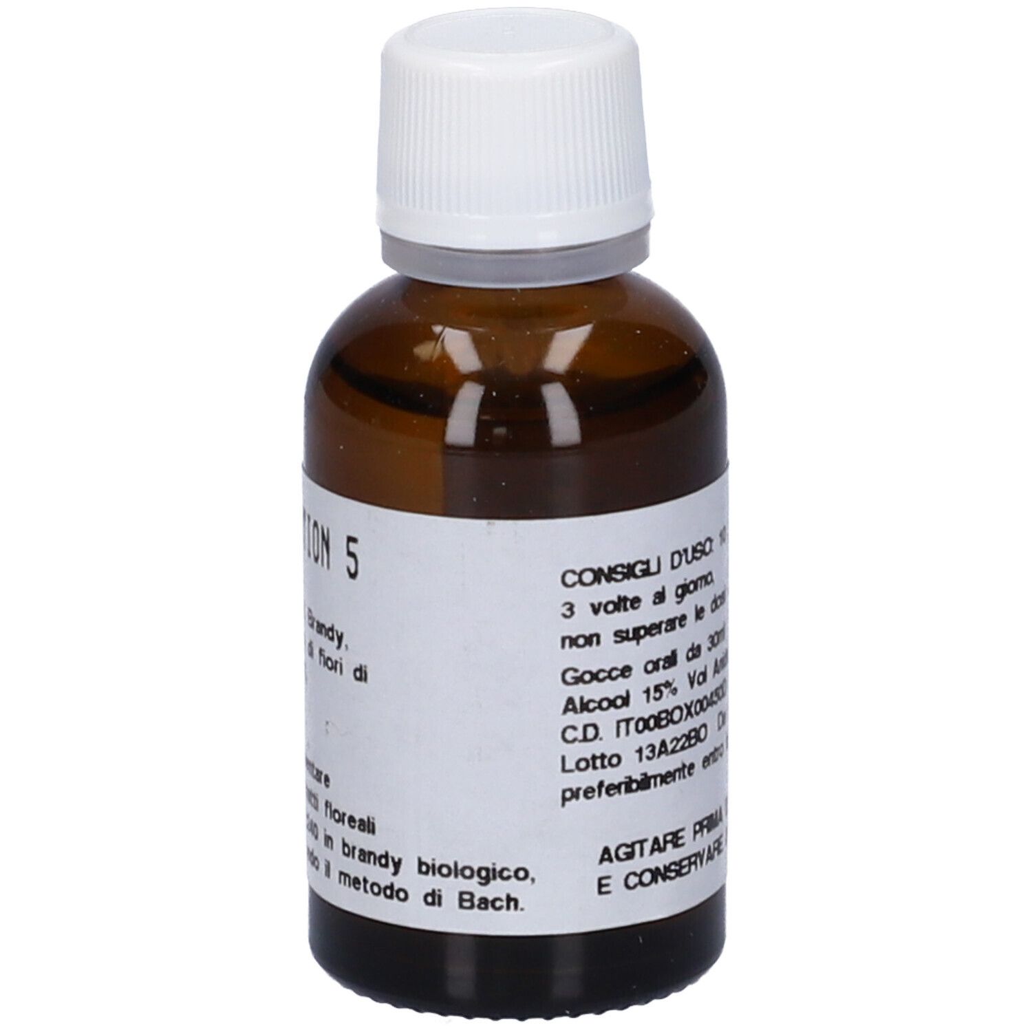 Flacone di vetro marrone con tappo bianco. Etichetta con istruzioni per il dosaggio. Testo in italiano.