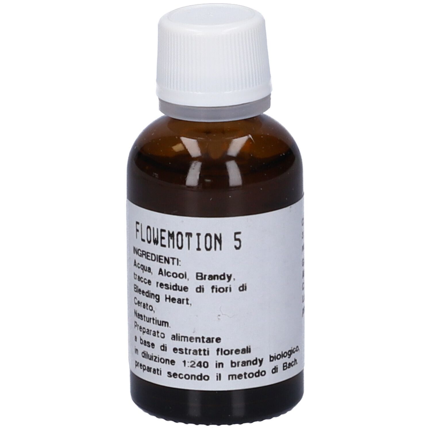 Flacone di vetro marrone con tappo bianco. Etichetta con nome del prodotto e ingredienti. Testo in italiano.