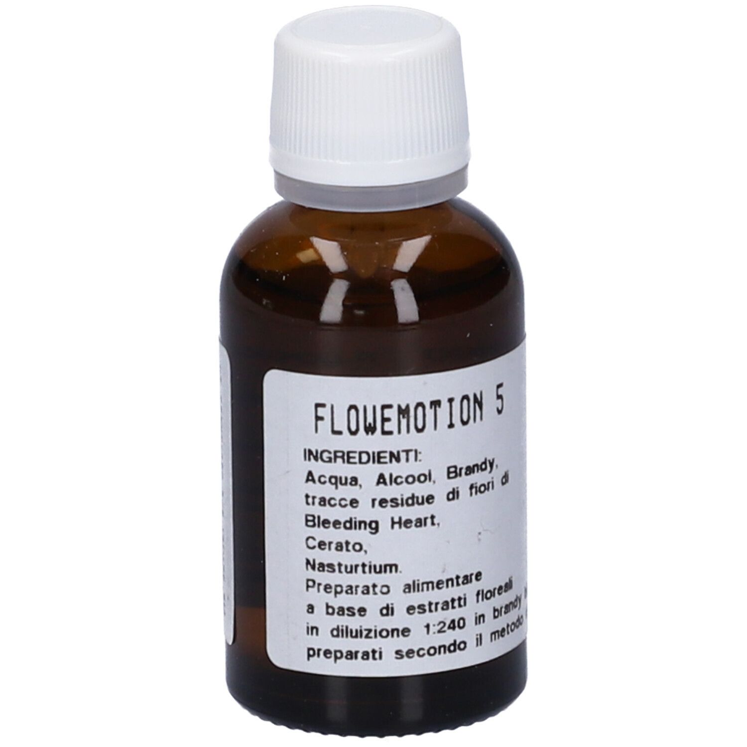 Flacone di vetro marrone con tappo bianco. Etichetta con nome del prodotto e ingredienti. Testo in italiano.