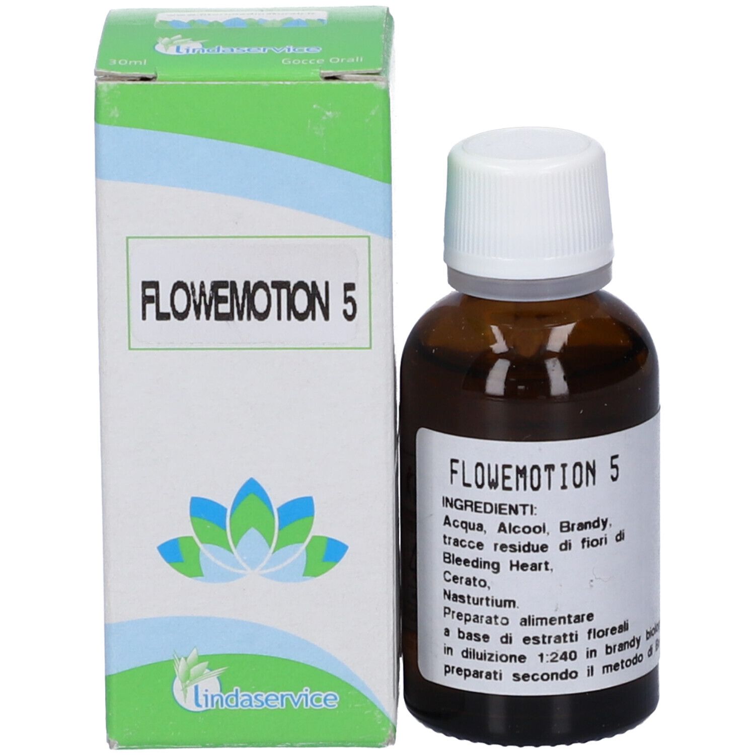 Flacone e confezione del prodotto. Flacone marrone, tappo bianco. Confezione bianca, verde e blu. Nome del prodotto visibile.