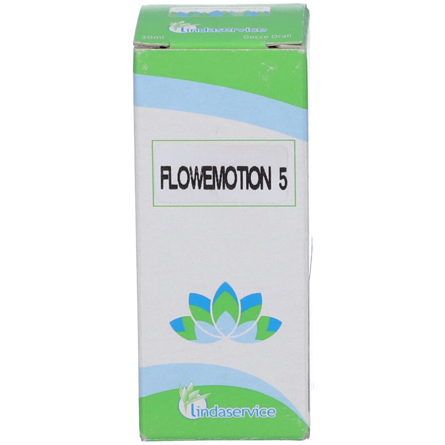 Confezione, bianca, verde e blu. Nome del prodotto visibile. Logo con fiore.