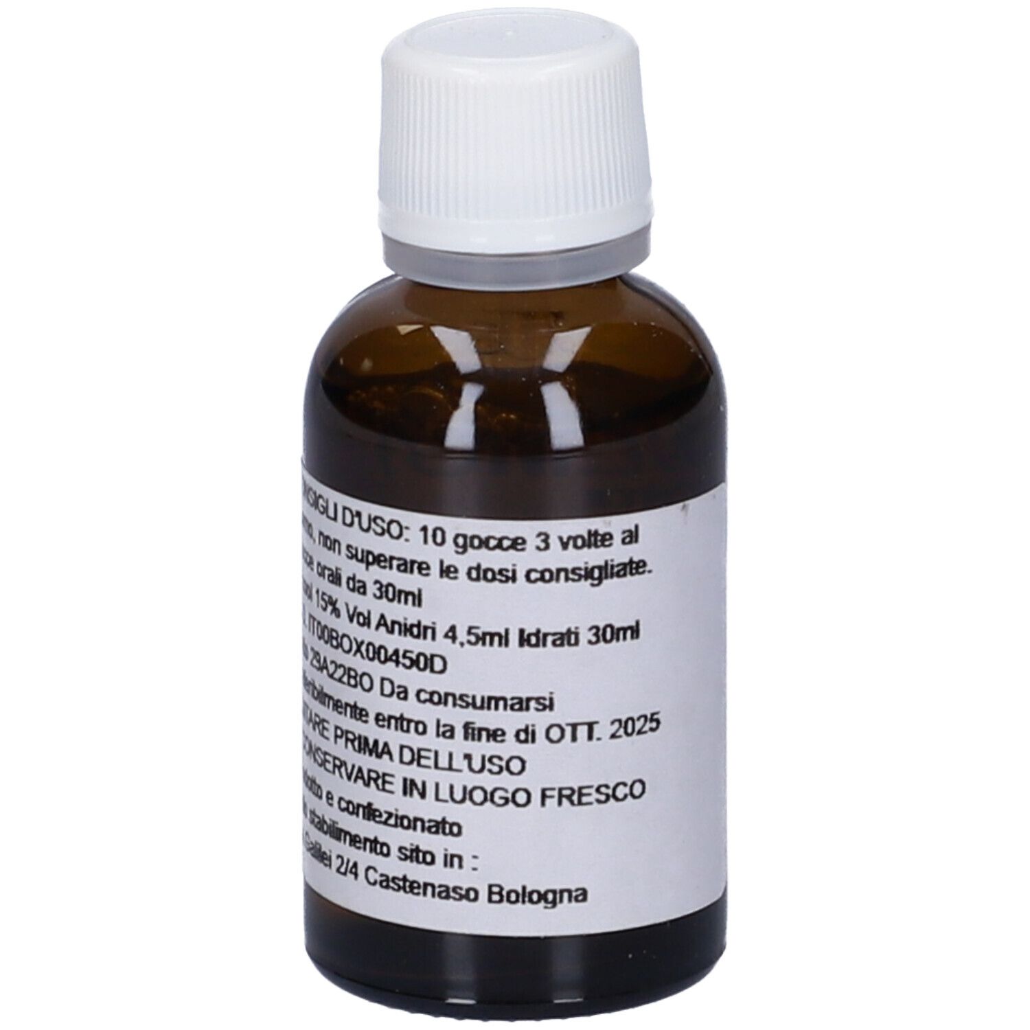 Flacone di vetro marrone con tappo bianco. Istruzioni per l'uso e FLOWEMOTION 7 sull'etichetta.