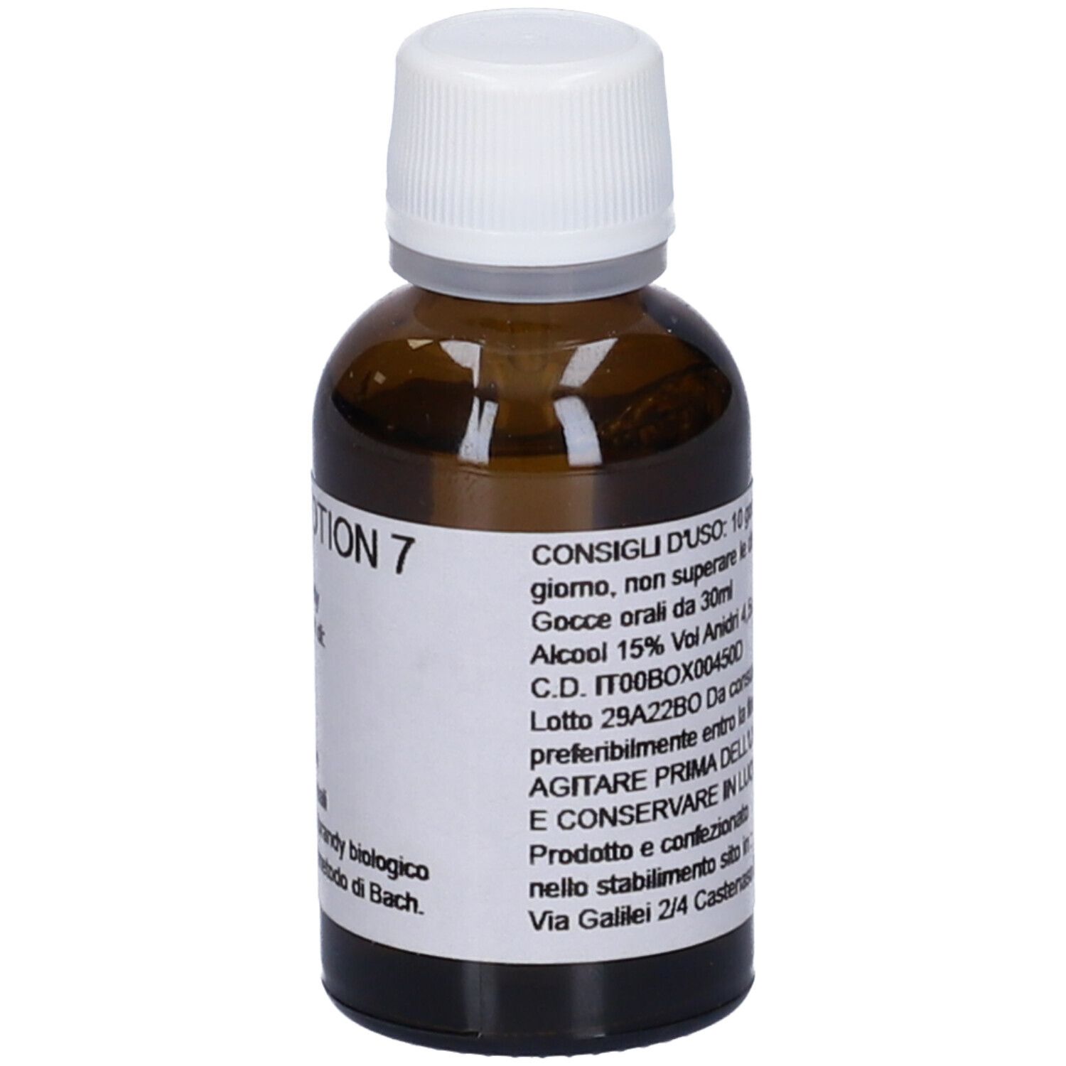 Flacone di vetro marrone con tappo bianco. Istruzioni per l'uso e FLOWEMOTION 7 sull'etichetta.