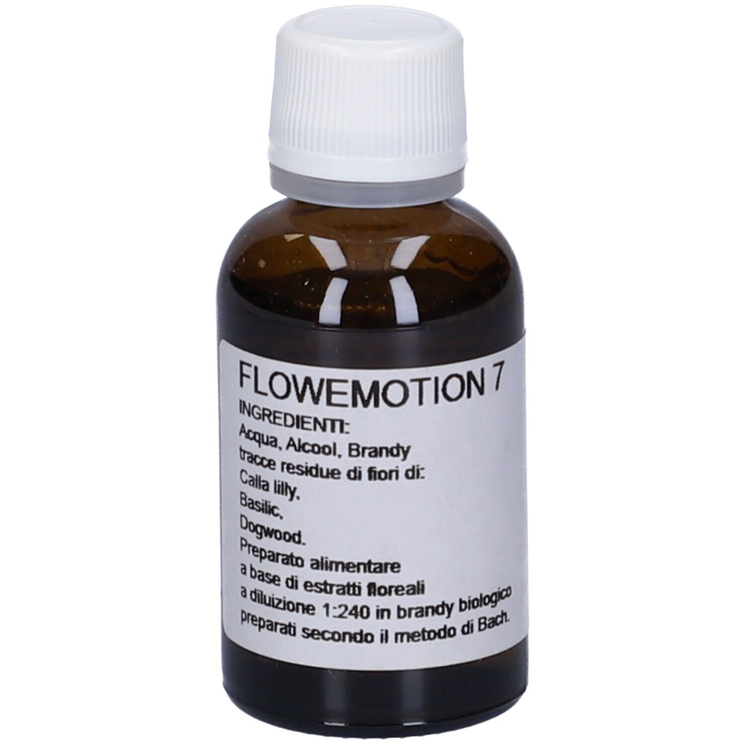 Flacone di vetro marrone con tappo bianco. Ingredienti e FLOWEMOTION 7 sull'etichetta.