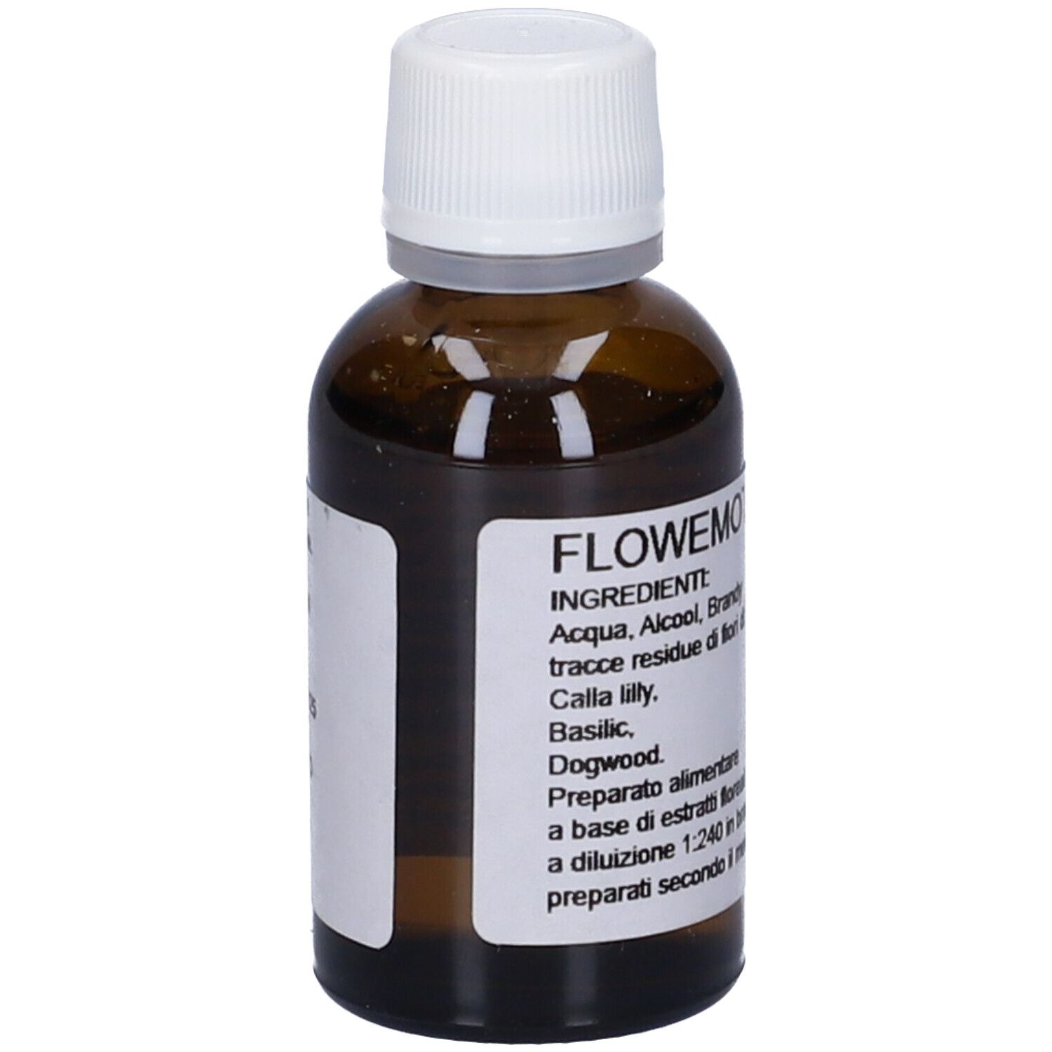 Flacone di vetro marrone con tappo bianco. Ingredienti e FLOWEMOTION 7 sull'etichetta.