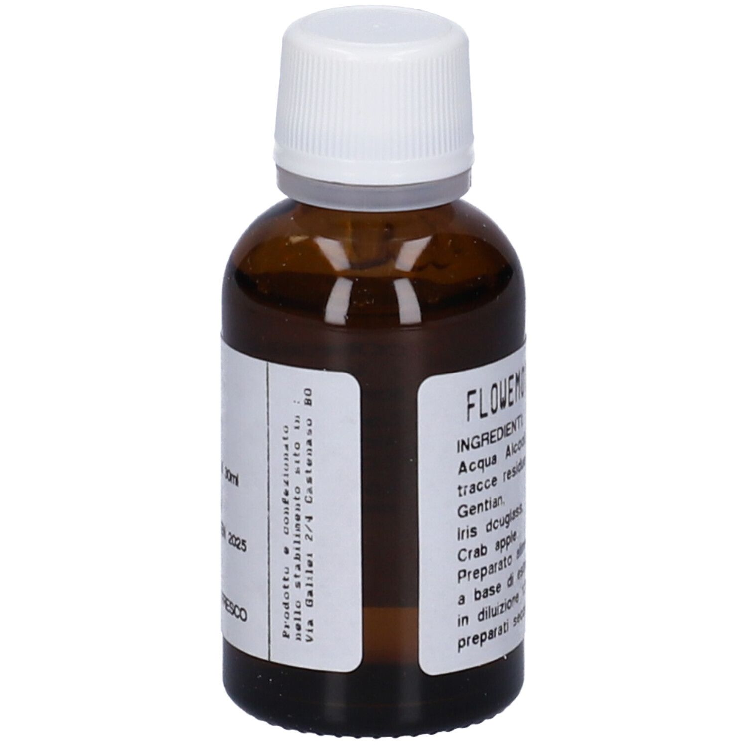 Flacone di vetro marrone con tappo bianco ed etichetta. Flowemotion 9 e ingredienti sull'etichetta.