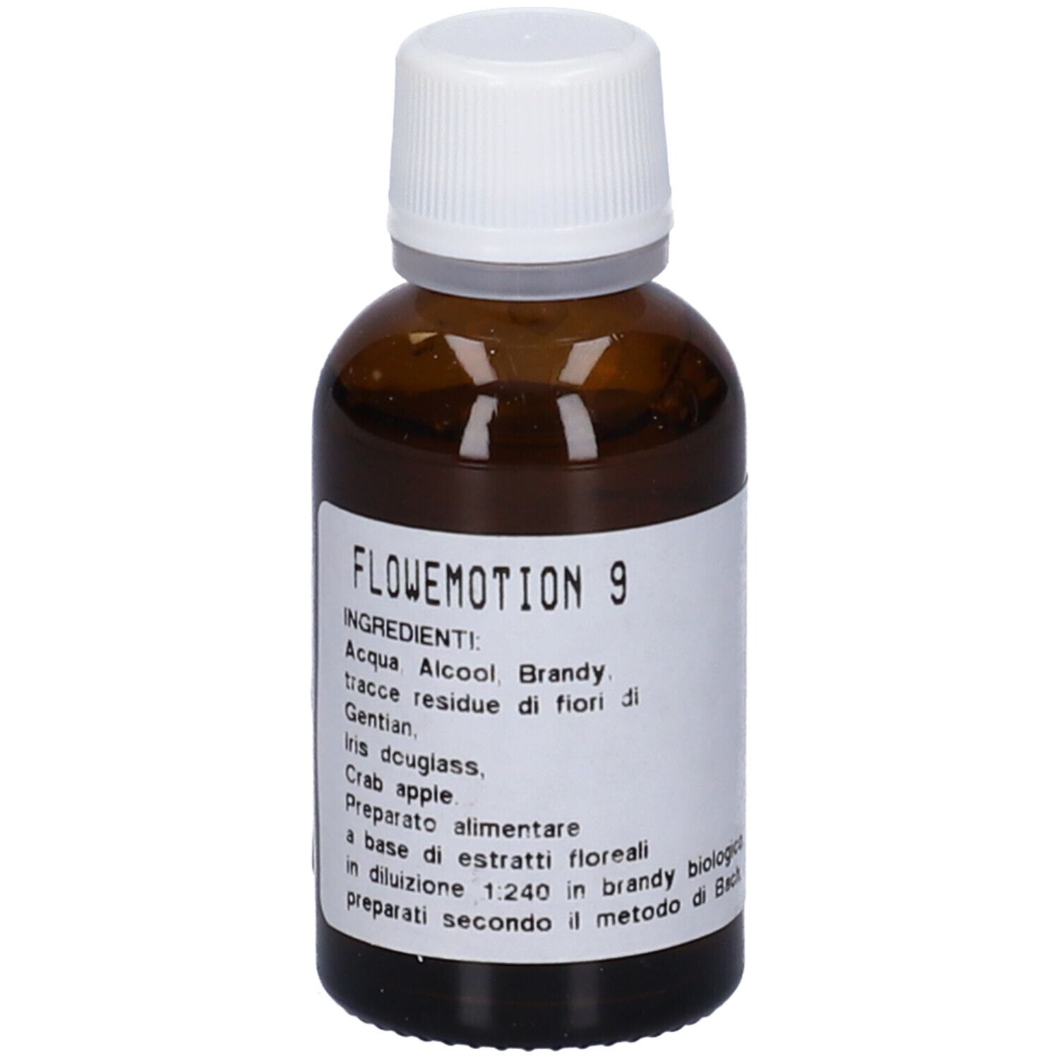 Flacone di vetro marrone con tappo bianco ed etichetta. Ingredienti e informazioni sul prodotto sull'etichetta.