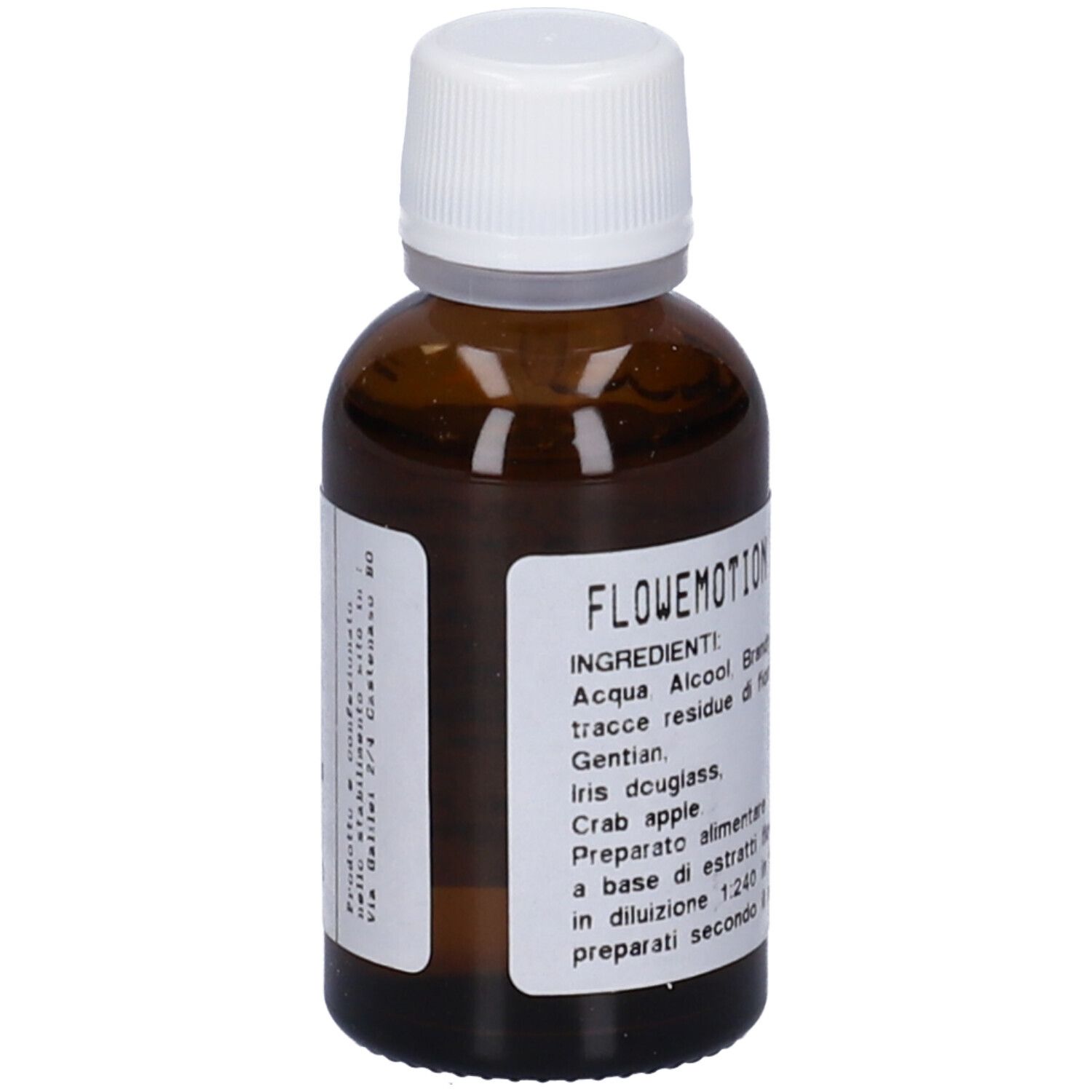 Flacone di vetro marrone con tappo bianco ed etichetta. Ingredienti e informazioni sul prodotto sull'etichetta.
